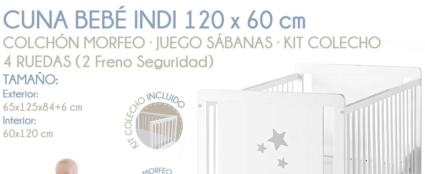 Cool Dreams - Cuna Indi 60 x 120 cm - Kit Colecho - Colchon Morfeo - Juego Sabanas