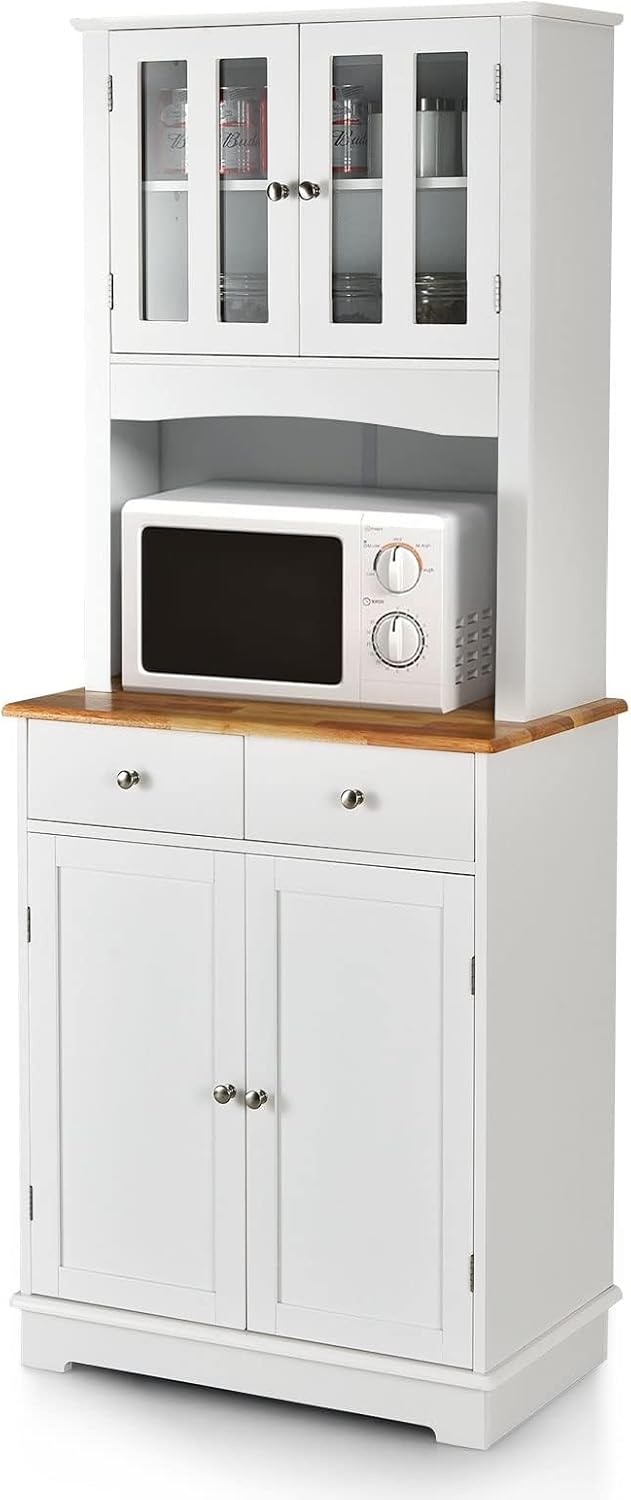 GYMAX Credenza da Cucina Alta, 68 x 40 x 170, Mobile Dispensa in Legno di Gomma, con 2 Ante in Vetro Temperato, Ripiani Regolabili, 2 Cassetti, Mobile per Sala da Pranzo, Bianco