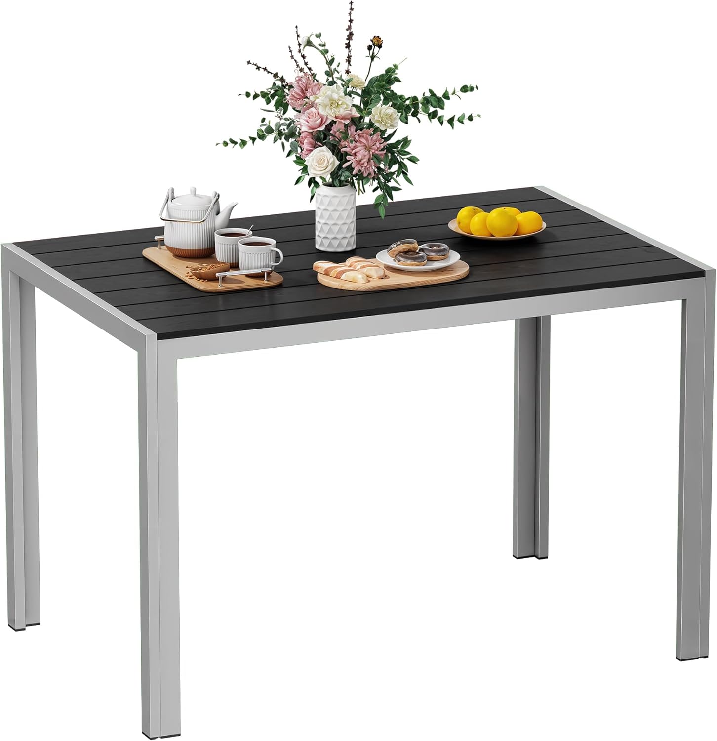 Amopatio Gartentisch Wetterfest 110×70 cm, WPC Balkontisch Aluminium, Rechteckiger Terrassentisch UV-beständig Gartenmöbel für Garten & Outdoor, Moderner Esstisch Grau-Schwarz