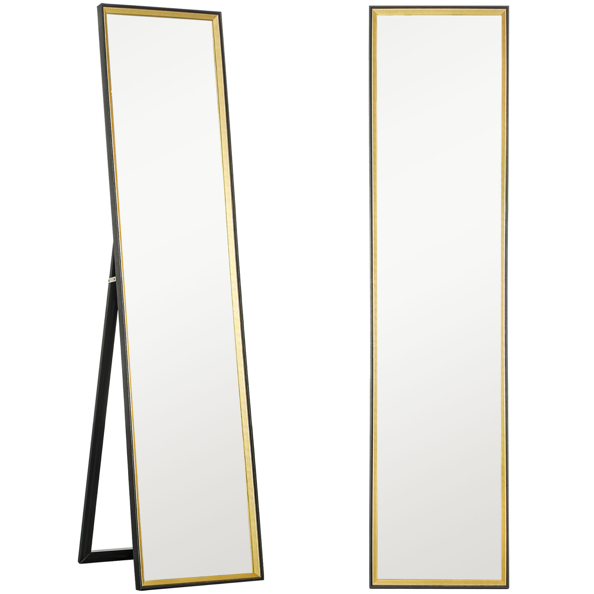HOMCOM Ganzkörperspiegel mit Rückenstütze und Rahmen aus Holz und Glas, 37x3x157 cm, Schwarz und Gold