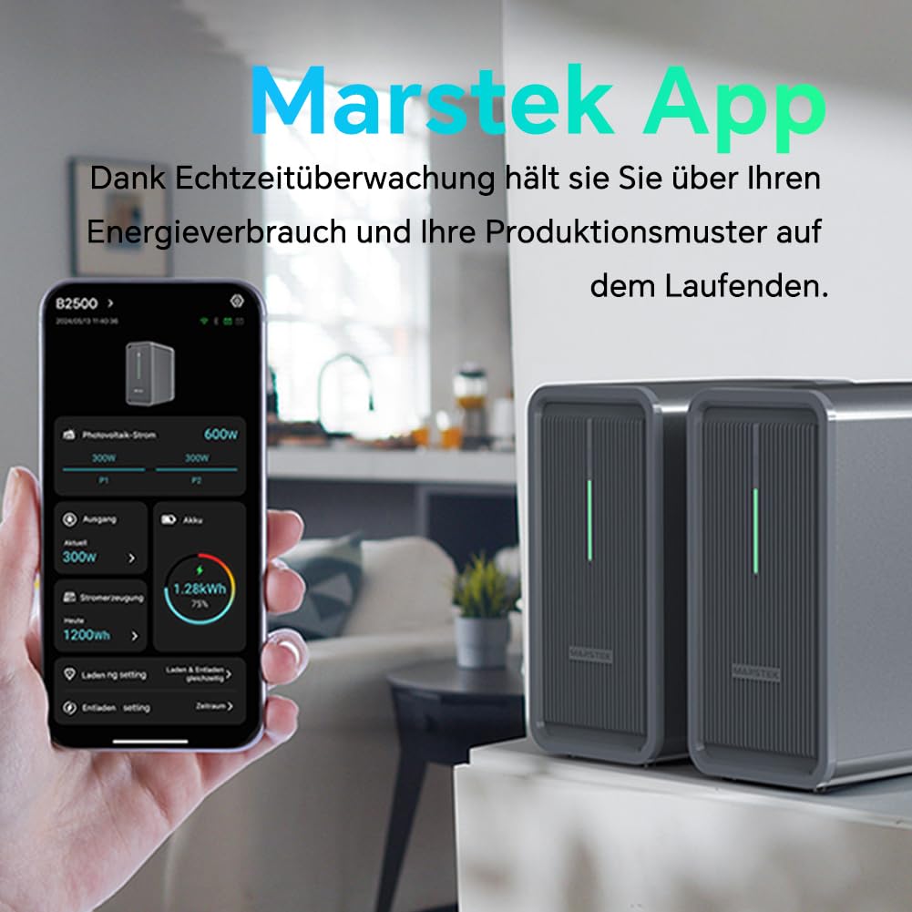 Marstek B2500 Balkonkraftwerk mit Speicher/500W Solarpanel/Intelligenter Zähler: 19% MwSt, 4480Wh LiFePO4 Solarbank Speicher, 2 MPPTs, 1600W Max. PV Solareingang & 800W DC-Ausgang, IP65, Plug&Play
