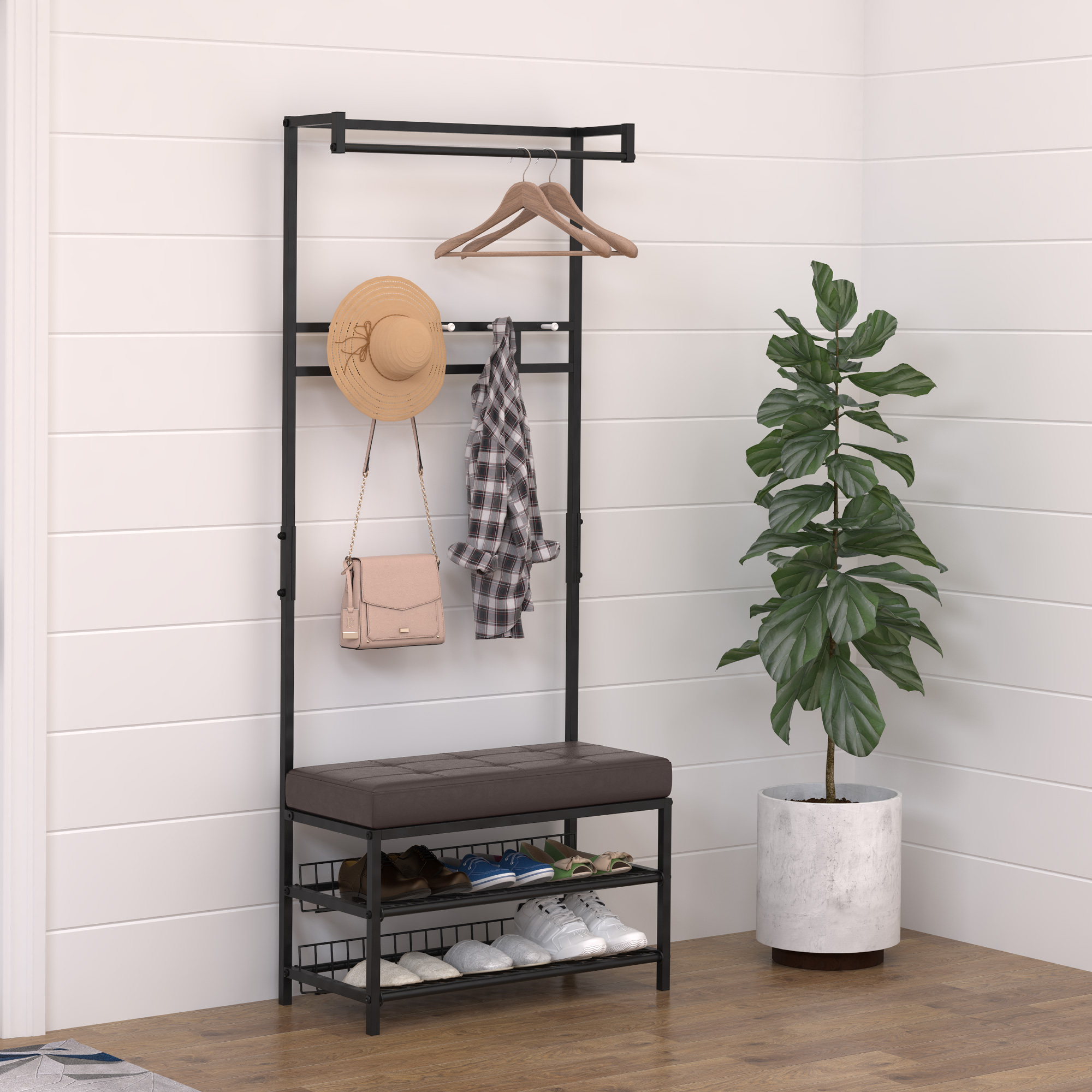 HOMCOM Garderobenständer Kleiderständer mit 5 Haken und Schuhbank mit 2 Ebenen Garderobe aus Metall für Flur, Schlafzimmer, 72,5 x35 x 180cm