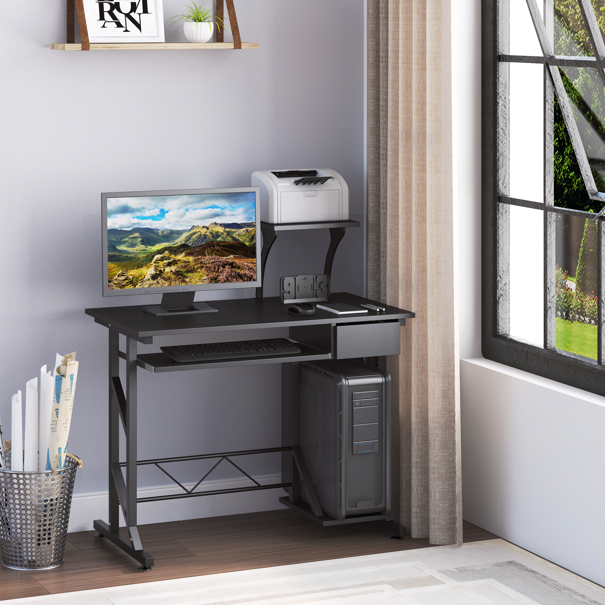 HOMCOM Computertisch Arbeitstisch mit Regalen und Schubladen Schreibtisch Bürotisch Platzsparend stabil Metall MDF Schwarz 90 x 50 x 95 cm