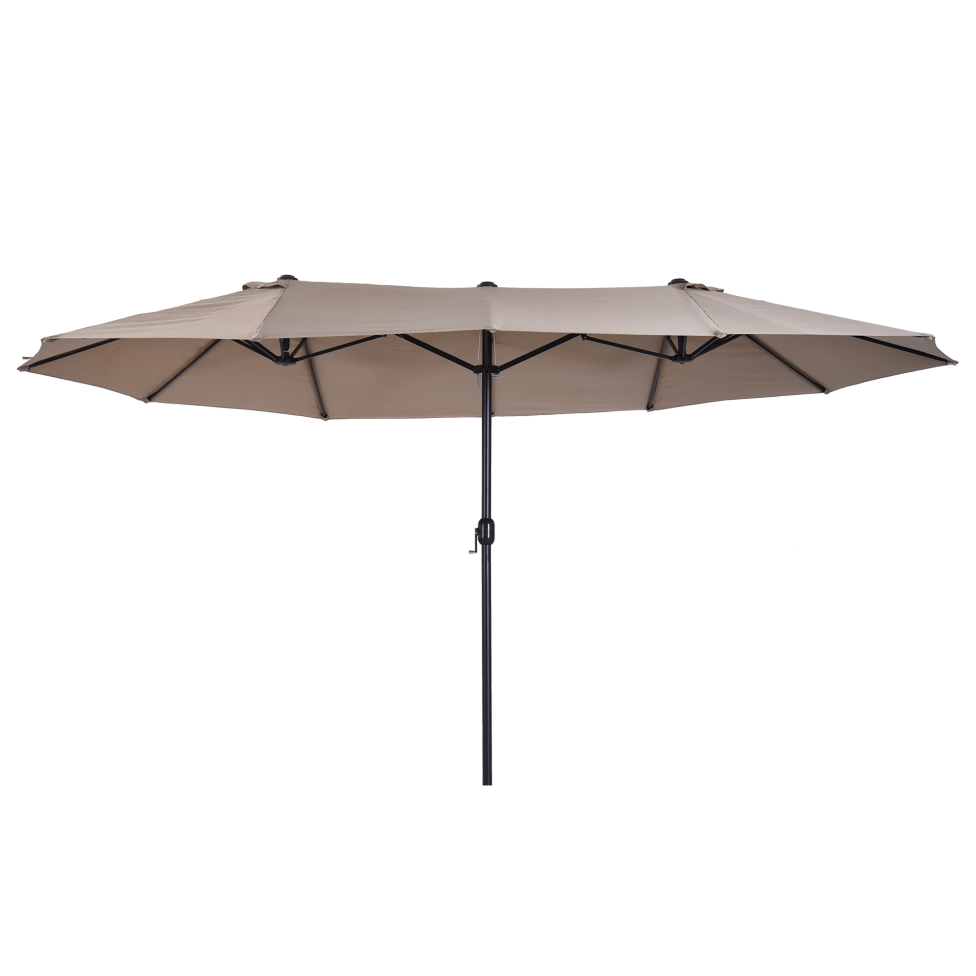 Outsunny Doppelsonnenschirm 455 x 270 cm Gartenschirm mit Handkurbel oval stabil Metallstange Marktschirm Doppelsonnenschirm Terrassenschirm Sonnenschutz für Strand Balkon Terrasse Garten Hellkaffee