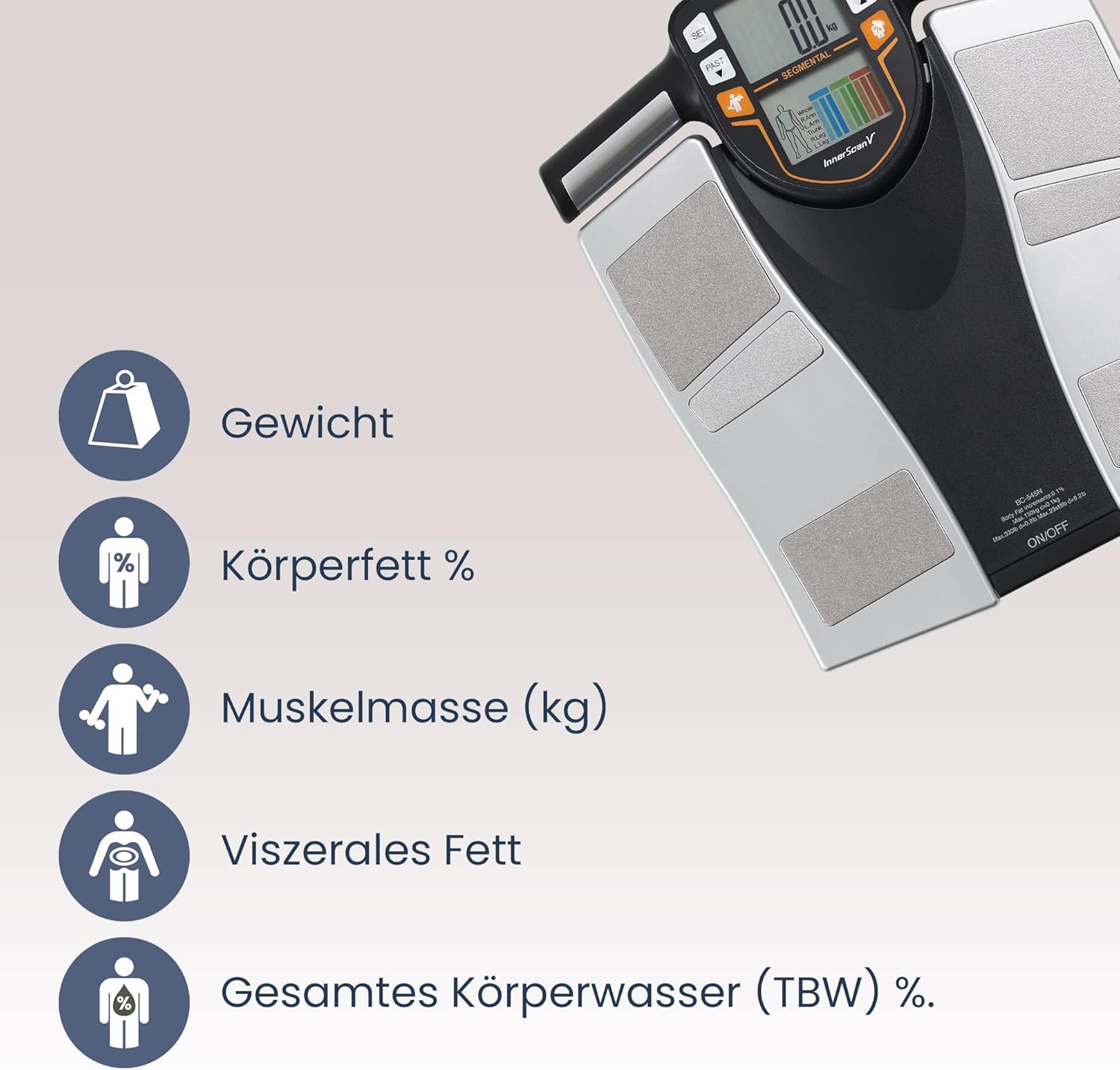 TANITA BC-545N Segment-Körperzusammensetzungswaage On Screen Messwerte pro Körperteil 10 Messungen Silber | 1er pack