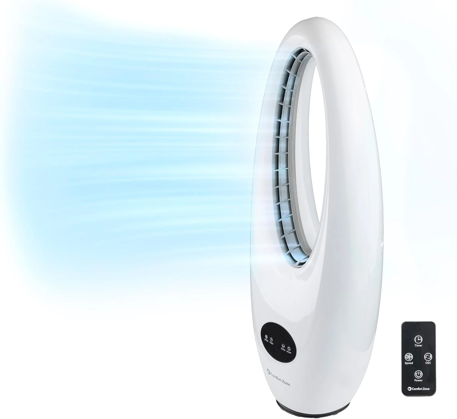 CCC COMFORT ZONE Turmventilator, 71,1 cm, 28 Zoll, Weiß, Oszillierender ohne Flügel mit Fernbedienung, 3 Geschwindigkeiten