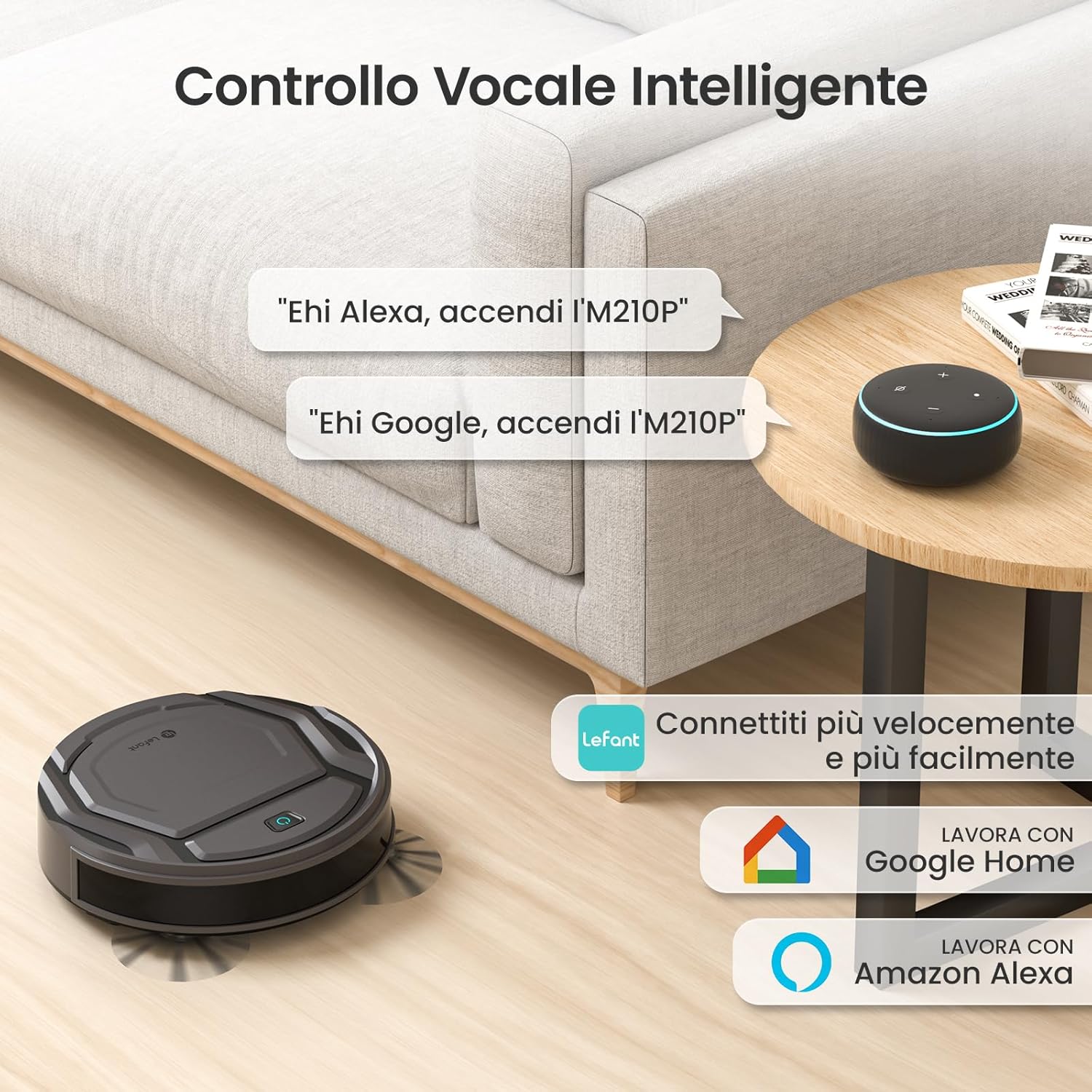 Lefant Robot Aspirapolvere con 2200Pa, Senza Grovigli,7,6cm Ultra Sottile,Autocaricante,Wi-Fi/App/Alexa,120 Minuti,6 Modalit脿 di Pulizia,Ideale per Peli di Animali Domestici,Pavimenti Duri M210-Pro