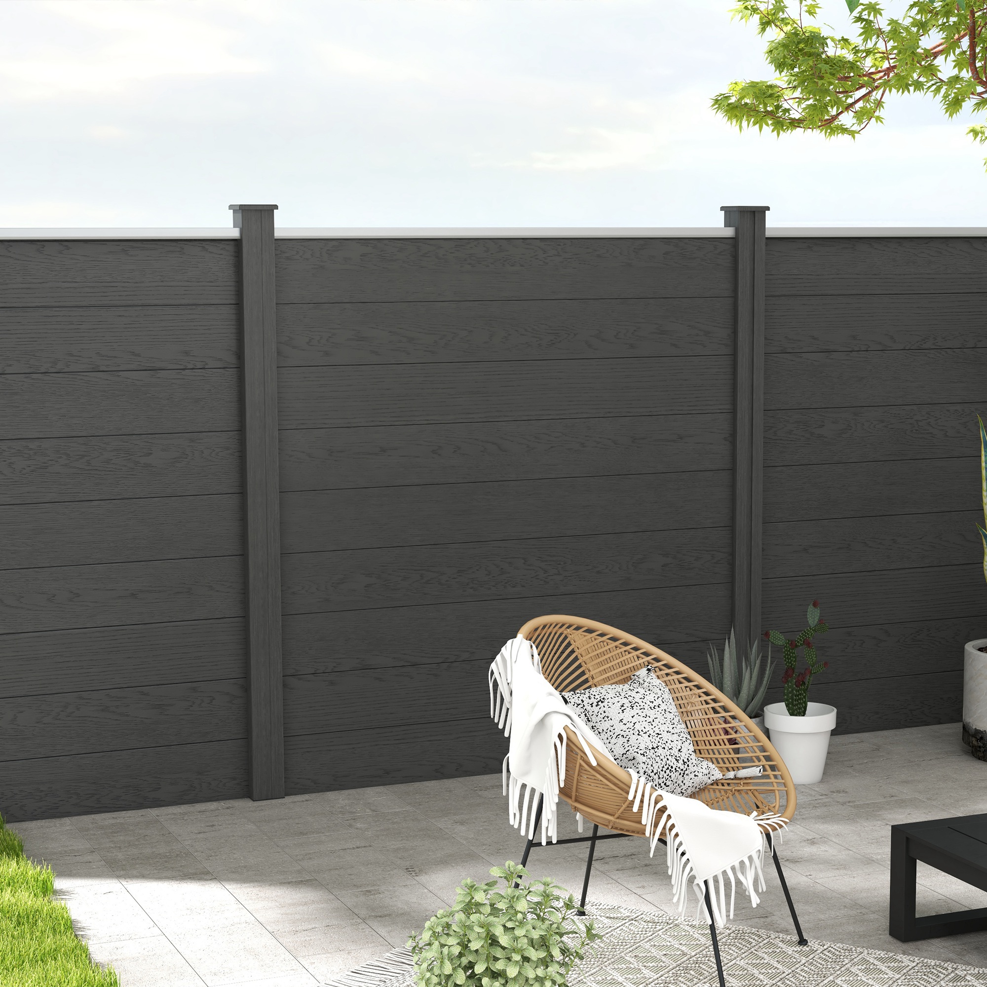 Outsunny Gartenzaun Sichtschutz aus WPC Holzverbundwerkstoff und Aluminium mit Füßen - modular, 186L x 187H cm, Grau