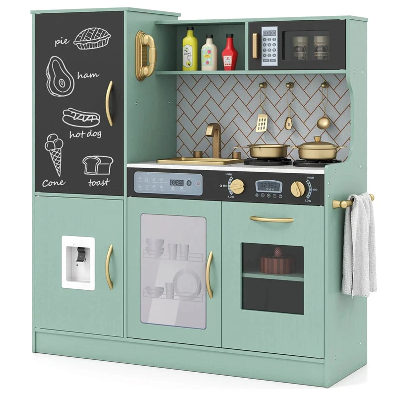 Large Wooden Kids Kitchen Playset, Little Chef Pretend Toy Kitchen Set w/Chalkboard, Microwave, Real Sounds & Lights for Toddlers Age 3+