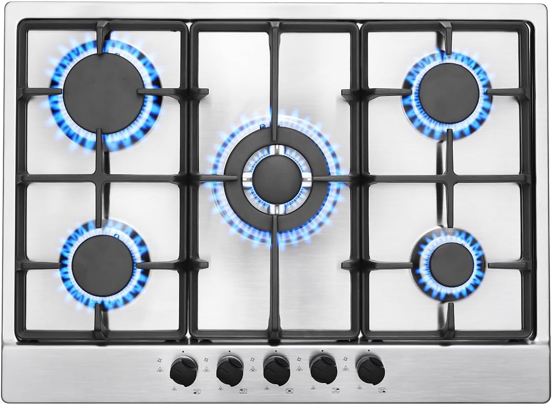 SNDOAS Piano Cottura 5 Fuochi, Piano Cottura 68cm con Protezione Automatica Della Fiamma, Gas Naturale e Gas Propano, Incorporato, Acciaio Inossidabile, 10460 W, 220-240 V
