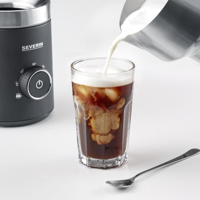 SEVERIN SPUMA 700 Induktions-Milchaufschäumer, elektrischer Milchaufschäumer ohne Anbrennen, spülmaschinengeeigneter Milchschäumer, Edelstahl-gebürstet/schwarz-matt, SM 3586