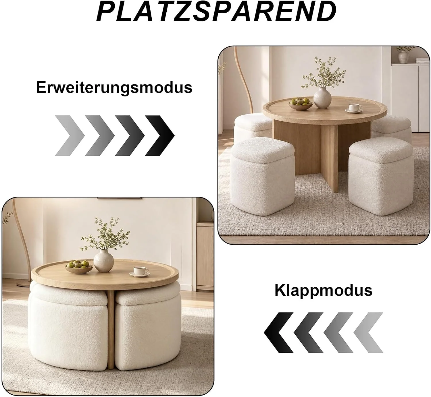 Runder Couchtisch mit 4 Hockern & Stauraum, 80 cm, platzsparend