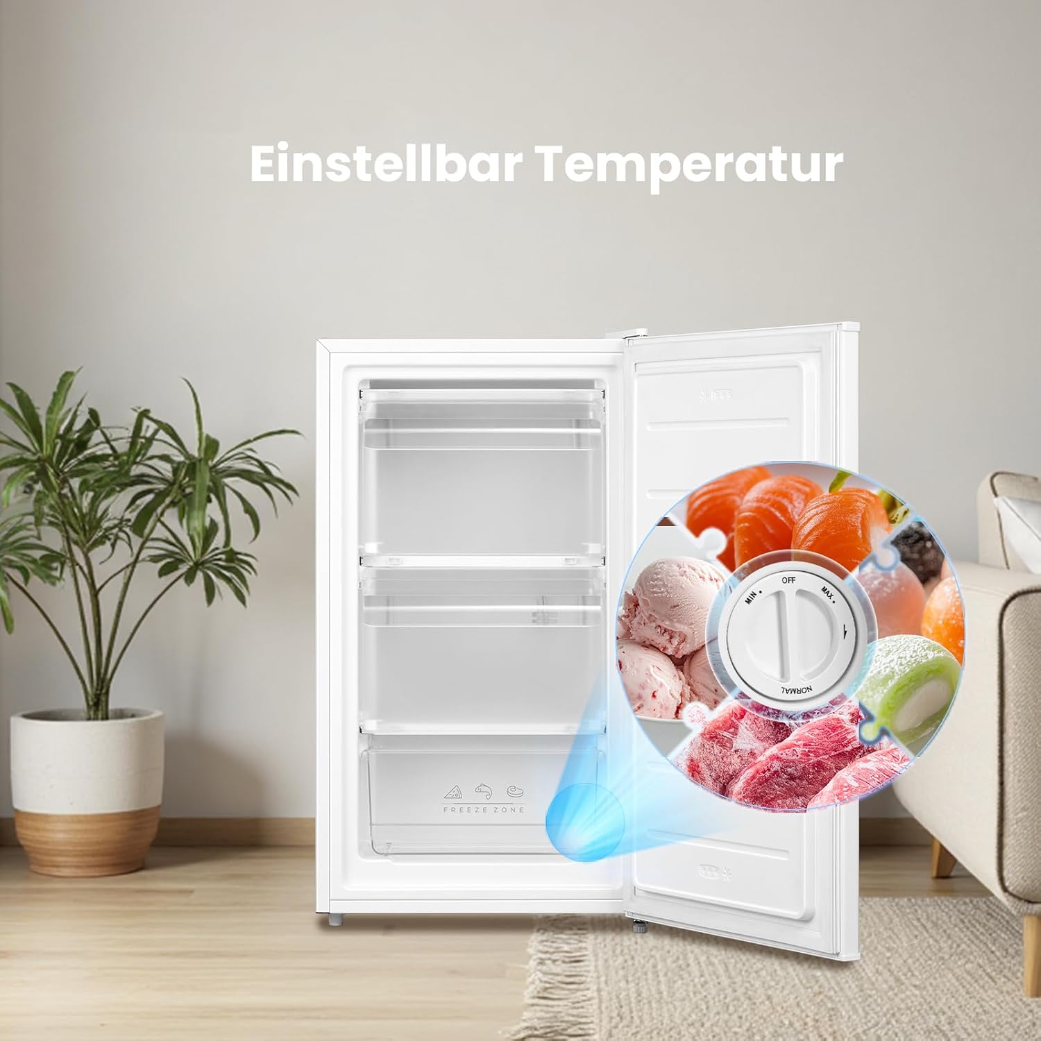 RCU60WH2(E) 60L Gefrierschrank senkrecht mit Schubladen, 3x Gefrierschublade, Eintür, einstellbare Temperatur, umkehrbare Tür, leise, Freistehend, Weiß