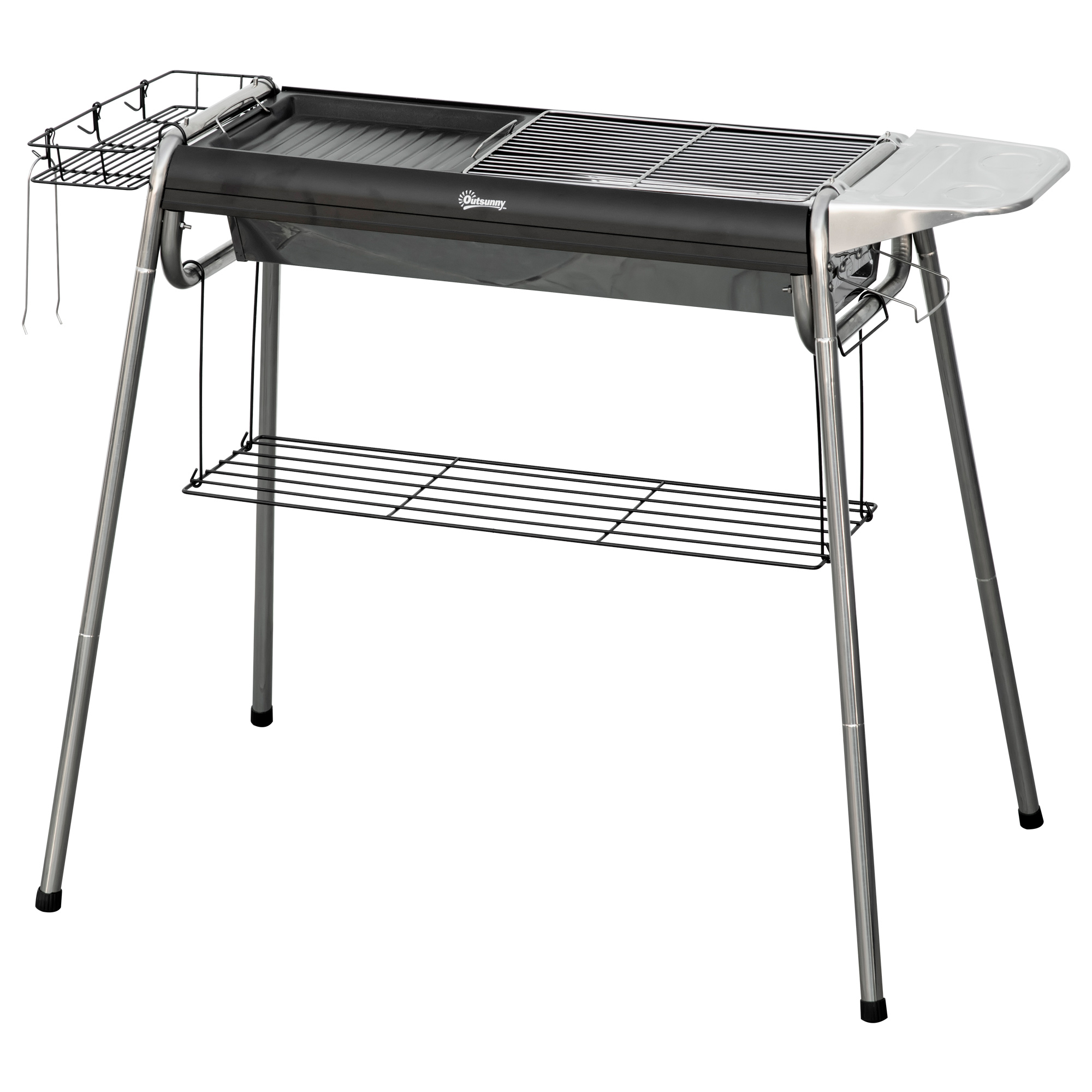 Outsunny Holzkohlegrill mit Grillrost und Platte, Korb und Regalen, 96x61x72cm, Schwarz