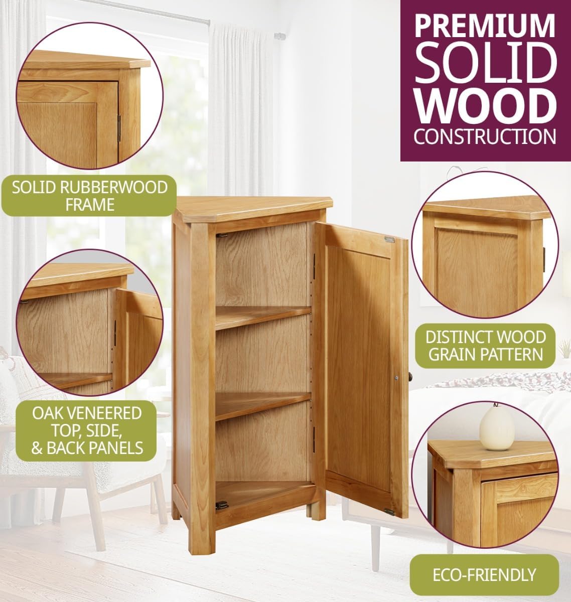 Hallowood Furniture Eckschrank Aston Eiche, kleine Eckschränke aus Holz für Wohnzimmer mit 1-türigem Aufbewahrungsschrank + 2 verstellbaren Einlegeböden, vielseitiges Eichenregal und Telefontisch