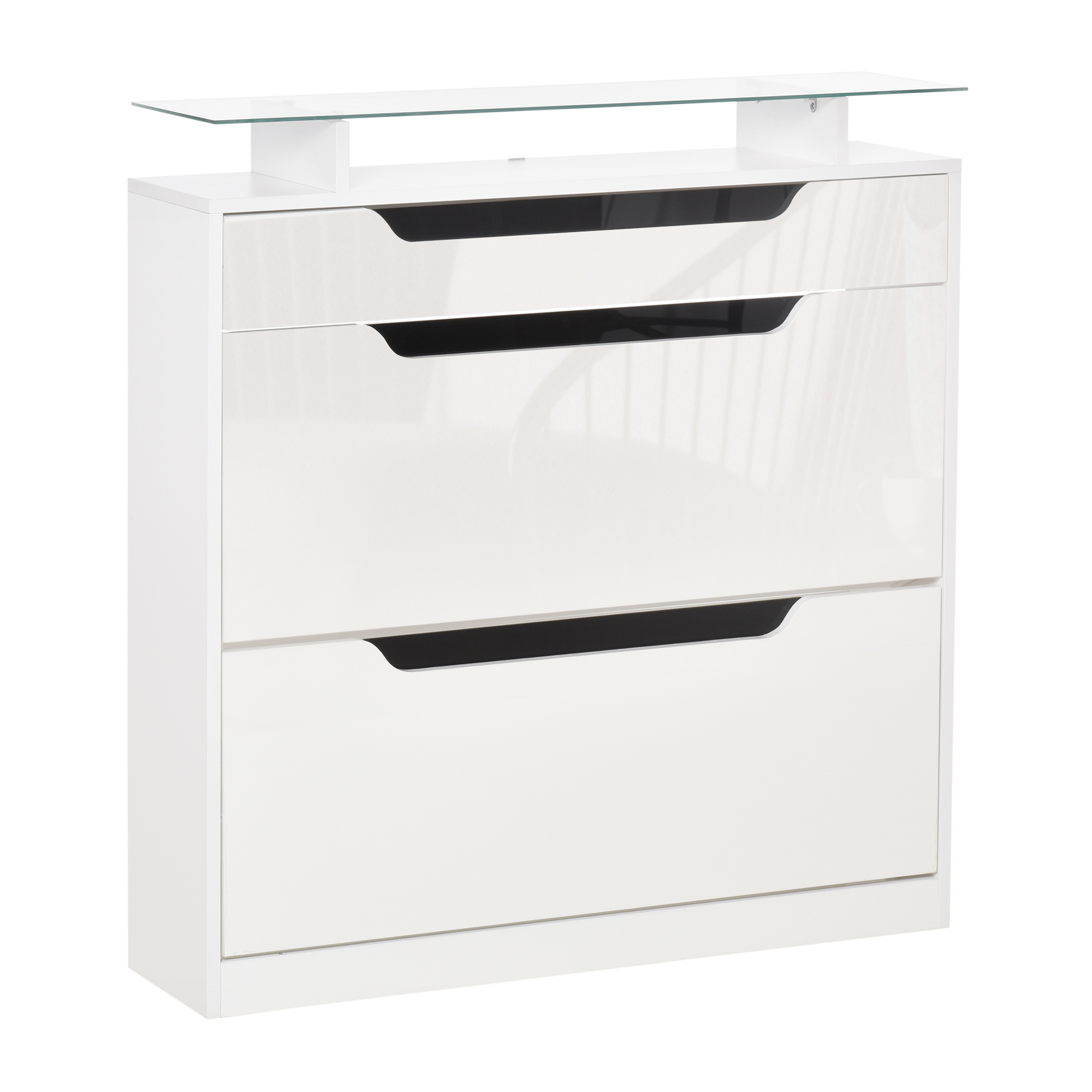 HOMCOM Schuhschrank Schuhregal mit 3 Schubladen Aufbewahrungsschrank Kippeimer mit Klapptür Glasplatte Verstellbares Regal Großes Fassungsvermögen für 14 Paar Hochglanz+Weiß 89 x 23 x 96 cm