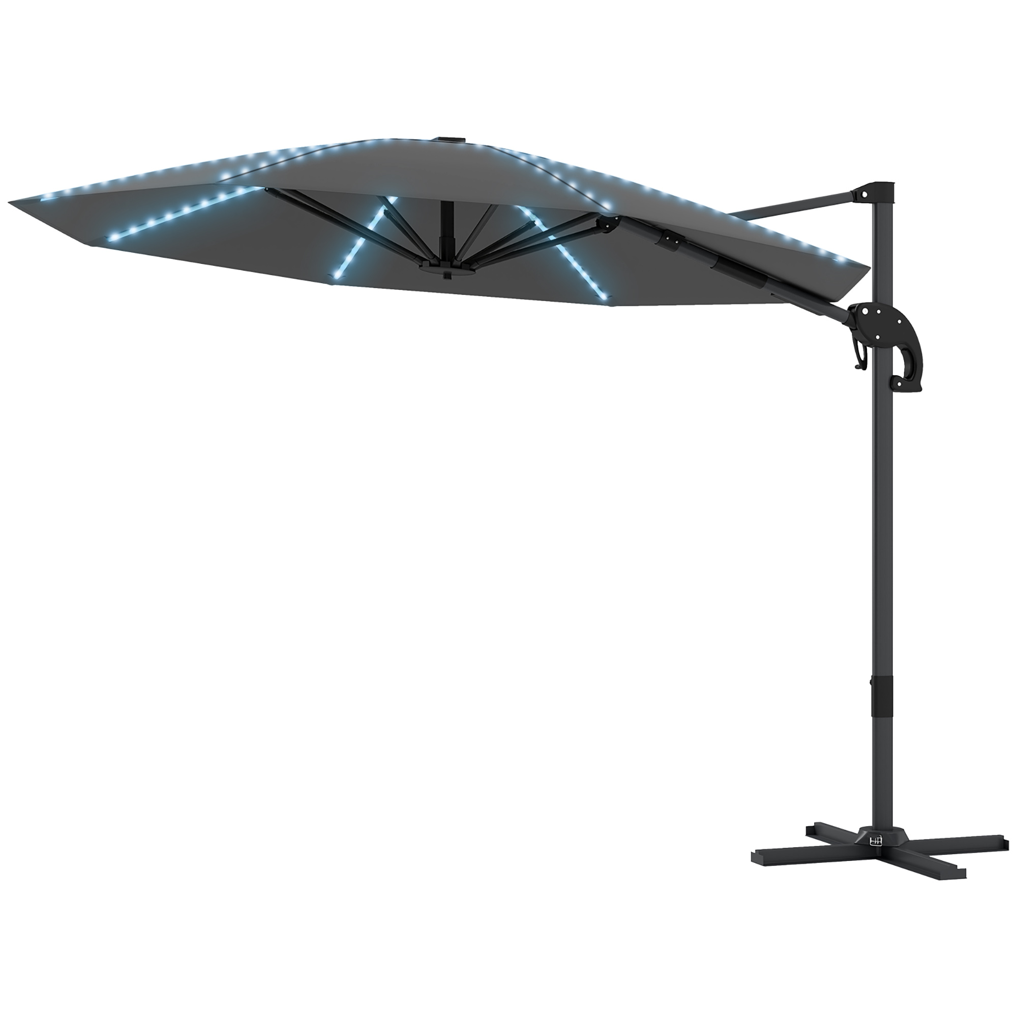 Outsunny Alu Ampelschirm LED Solar Ø300 cm höhenverstellbar Sonnenschirm mit Kurbel Ständer UV50+ Dunkelgrau