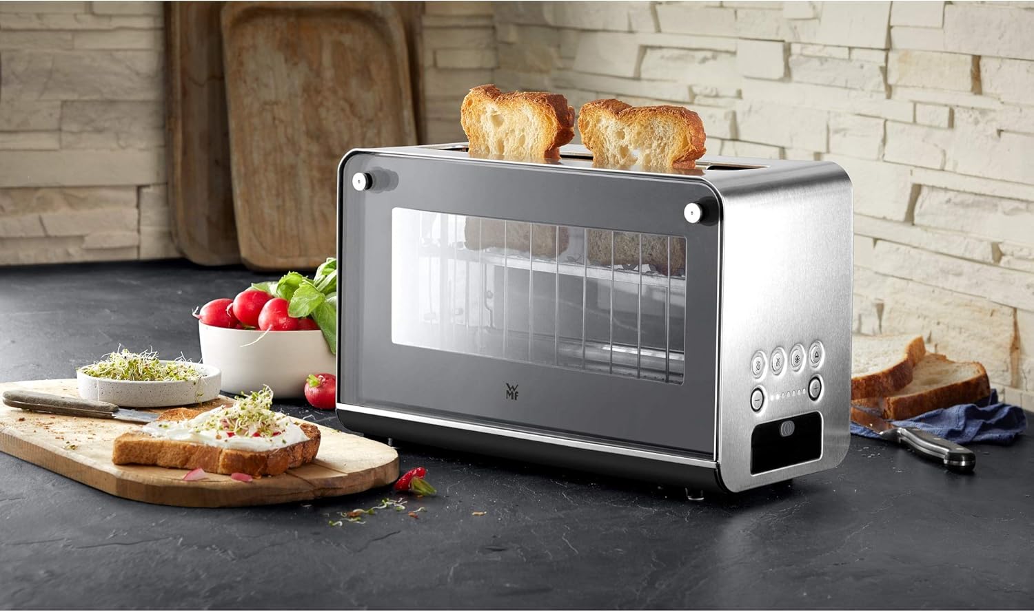 WMF Lono Toaster Glas mit Brtchenaufsatz, 2 Scheiben, XXL, motorisierte Toastaufnahme, Aufwrm-Funktion, 7 Brunungsstufen, Toaster edelstahl matt