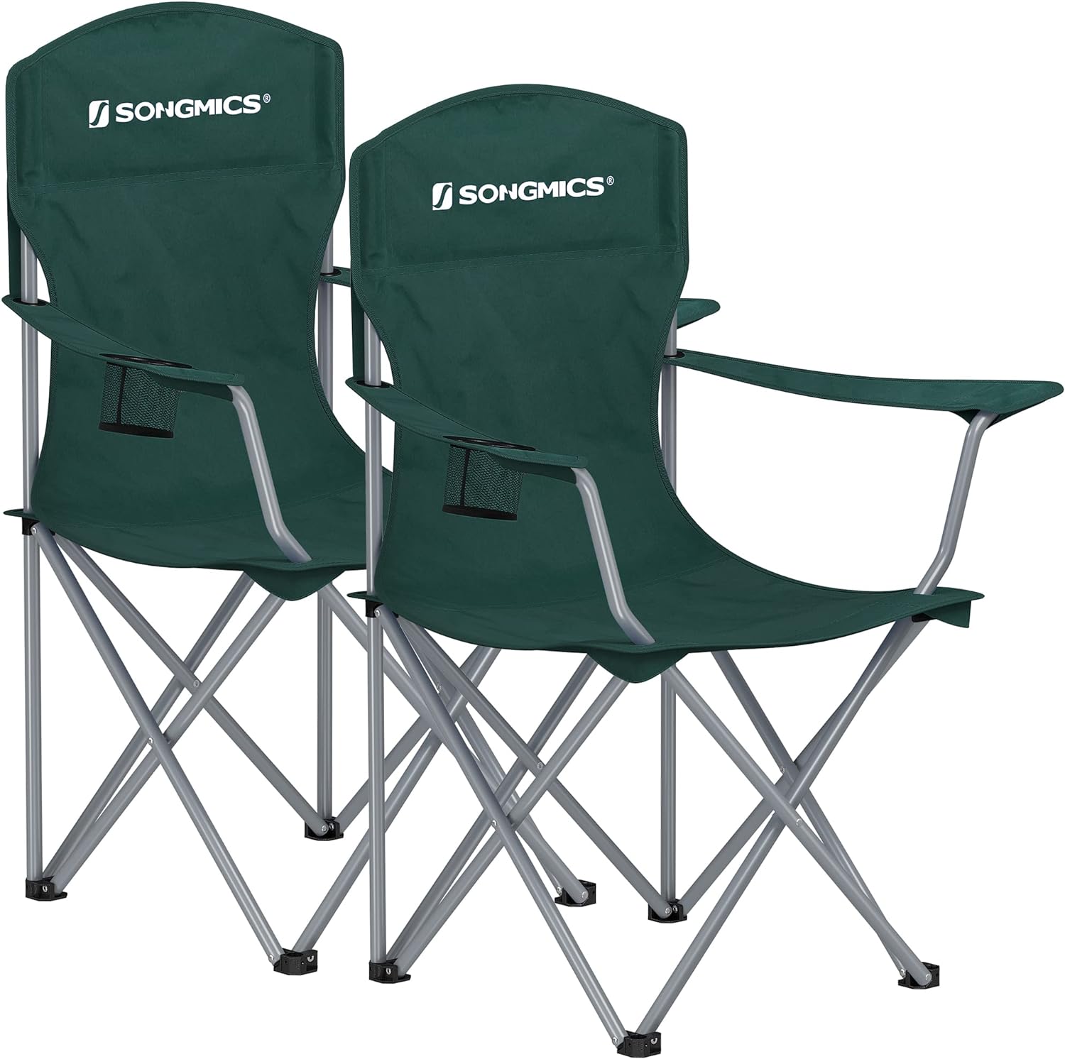 SONGMICS Sedie da Campeggio, Set di 2 Sedie da Esterno, Schienale Alto, con Braccioli, Tasca per Tazza, Pieghevole, Portante 150 kg, per Campeggio, Giardino, Pesca, Terrazza, Blu GCB08BU