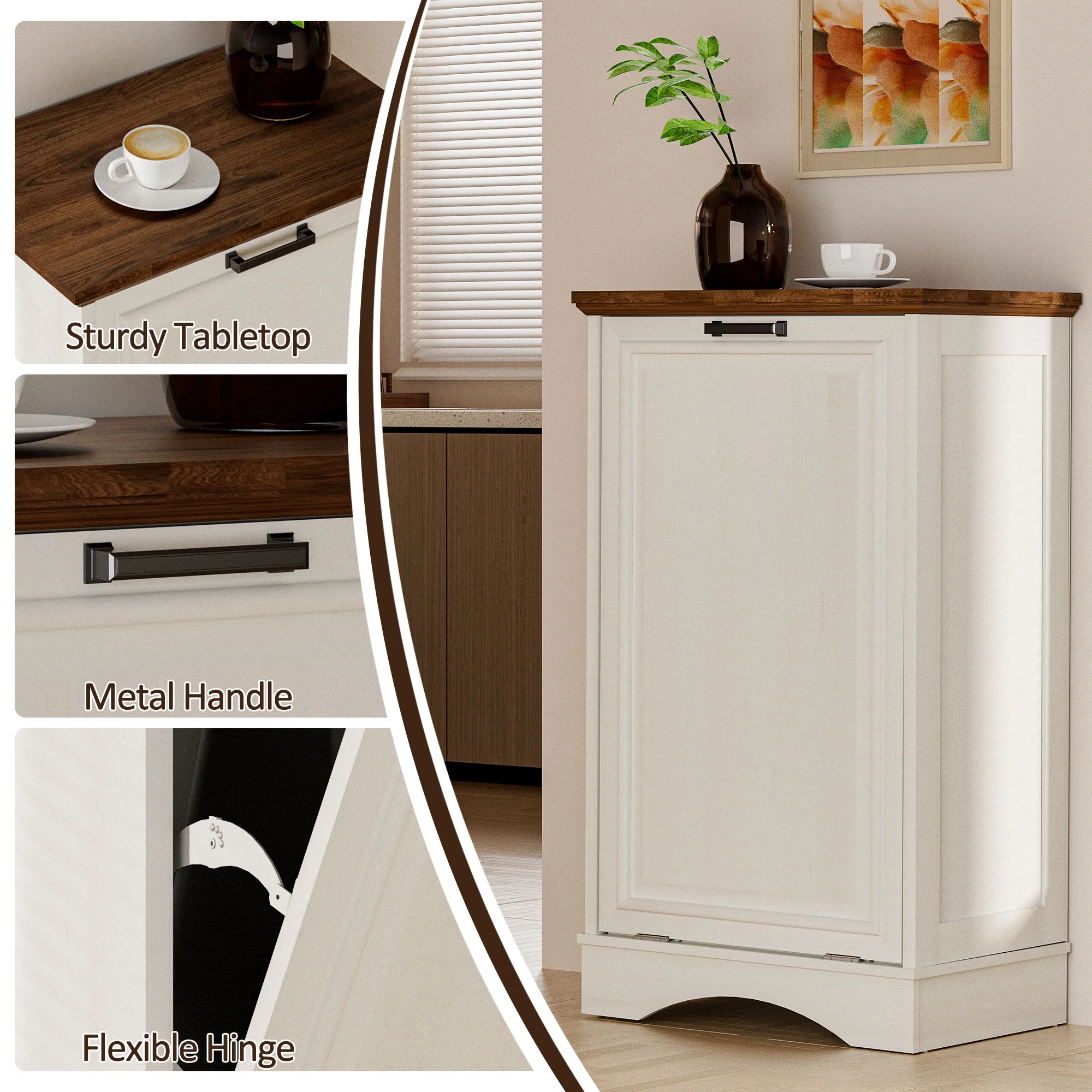 HARIPUL Single Tilt Out Trash Cabinet for 13 Gallon Waste Bin, Free Standing Kitchen Trash Can Cabinet with Drawers, White