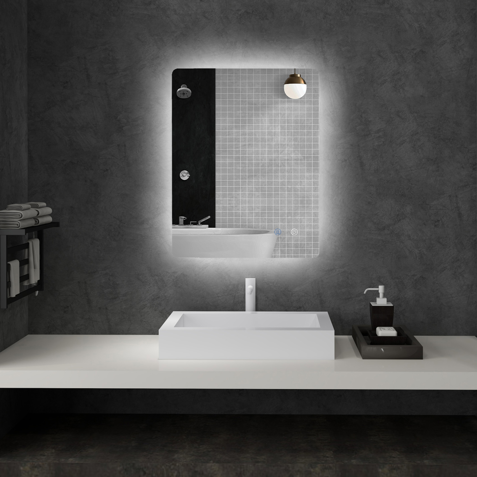 kleankin Rechteckiger LED-Badezimmerspiegel an der Wand mit Beleuchtung 80 x 60 cm einstellbare Helligkeit weiß transparent