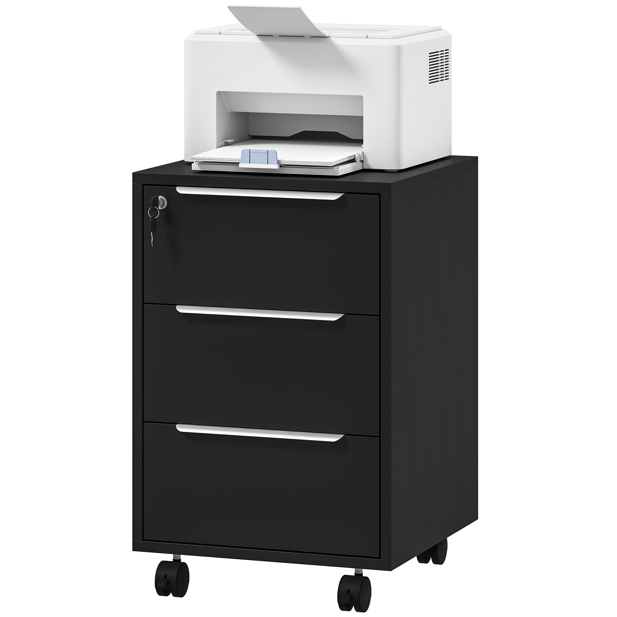 HOMCOM Bürocontainer auf Rollen mit 3 Schubladen und Schloss, Rollcontainer, 40 x 40 x 63,5 cm, Schwarz