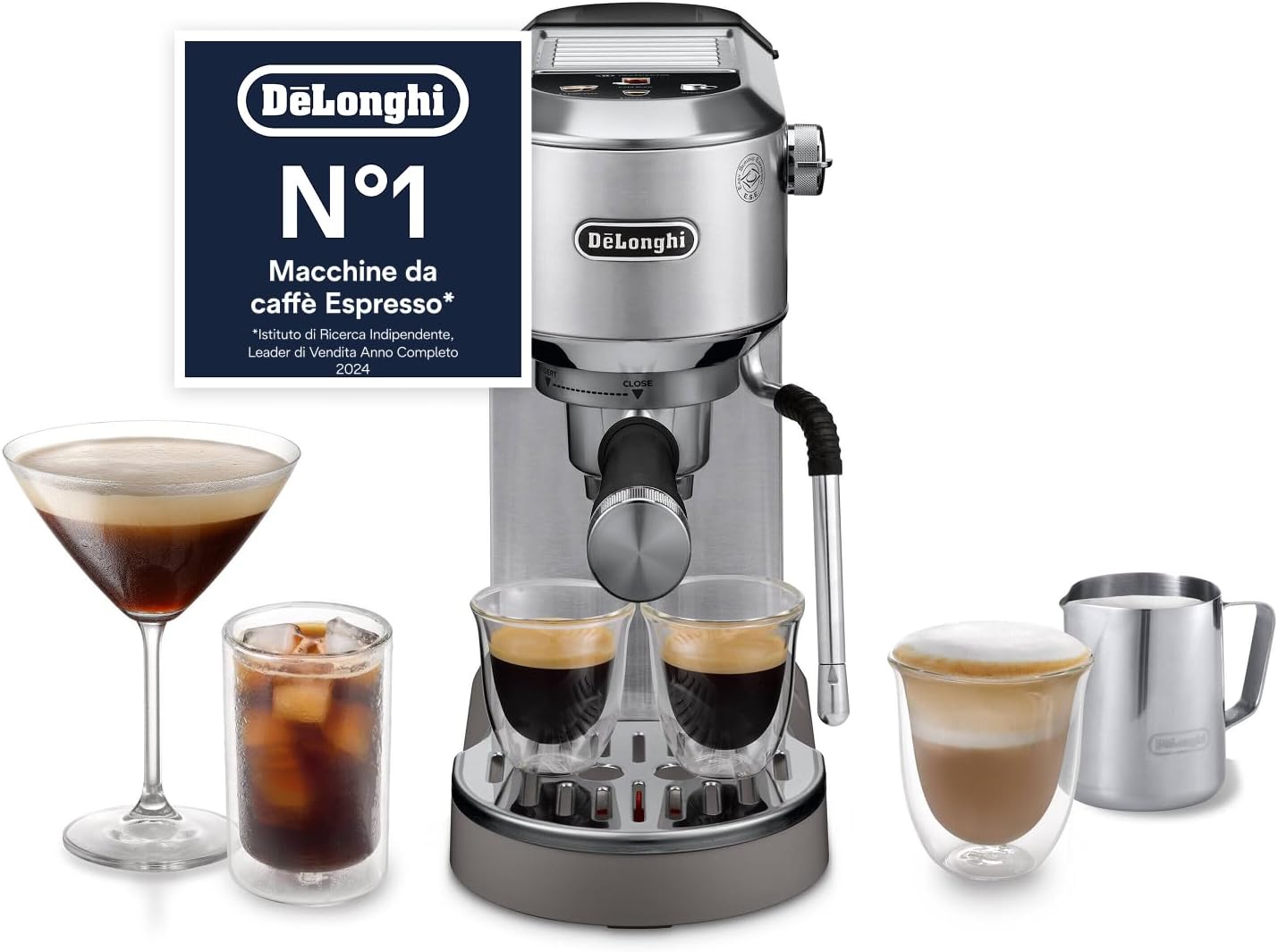 Dedica Duo EC890.M Macchina Manuale per Caffè Espresso, Cappuccino e Cold Brew, Barista, Dotata di Lancia vapore per My LatteArt, Display Touch,Larga 15cm, Serbatoio Estraibile 1,1L, Metallo