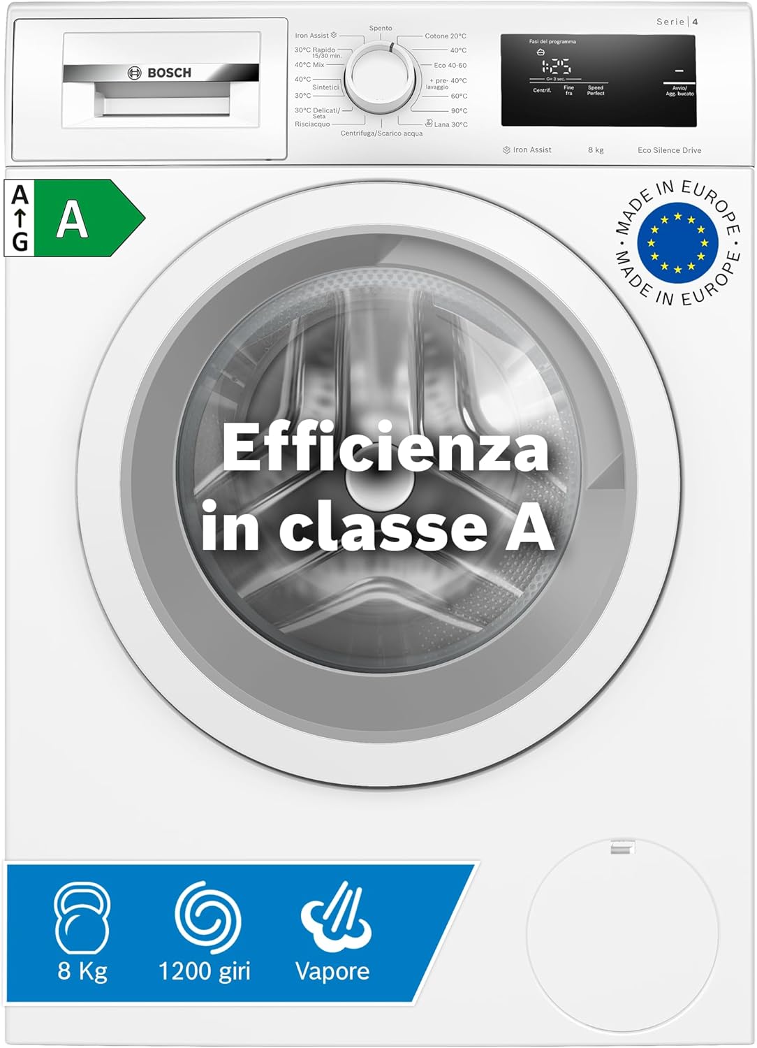 Bosch WGE03200IT Series 2 Front Loading Washing Machine, 8 kg, 1200 RPM, Energy Class A, Inverter Motor with 10 Year Warranty, Hygienic Wash Even At 40 °C, White, 60 cm