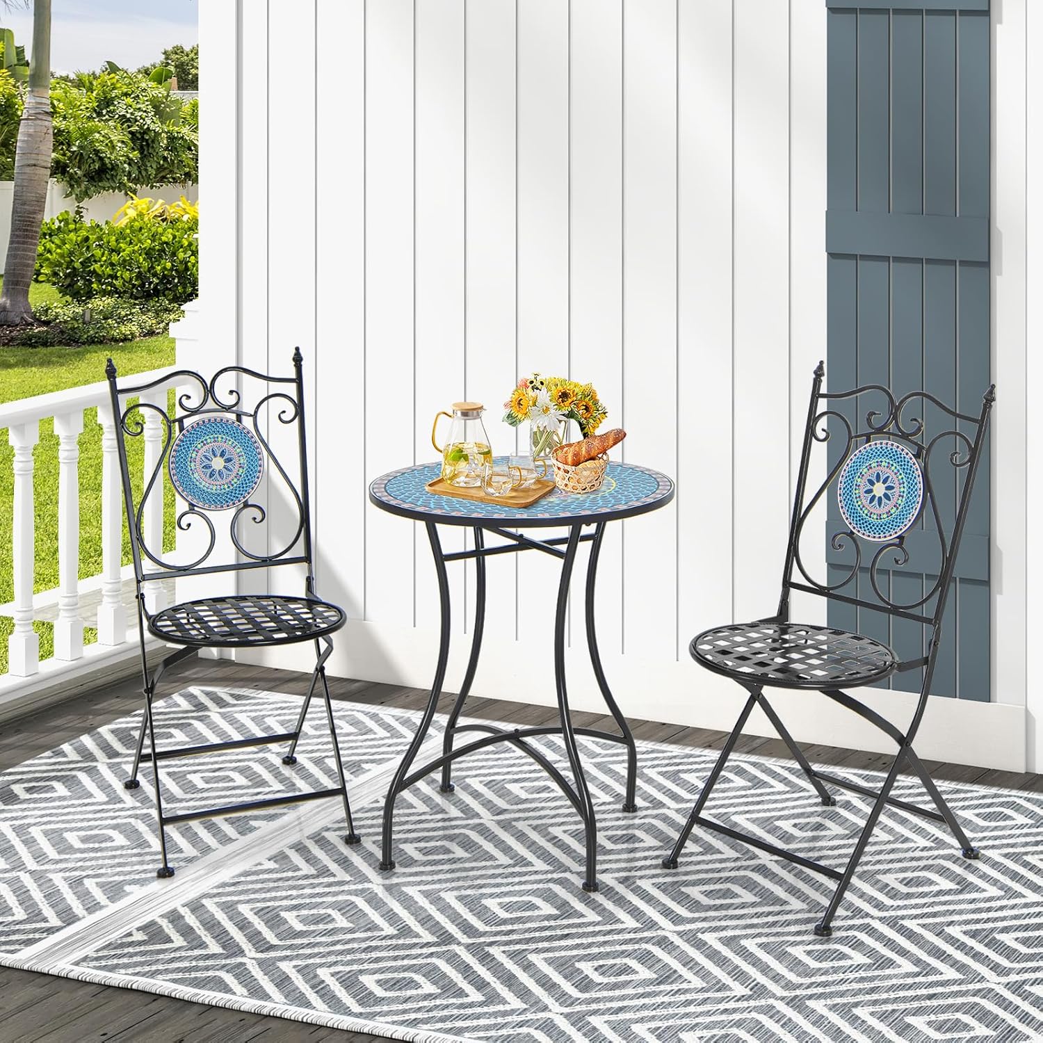 GYMAX Garden Table and Chairs Set, Round Side Table and 2 Folding Chairs with Backrest, Metal Frame, Modern Mosaic Look for Balcony, Patio (Style 2)