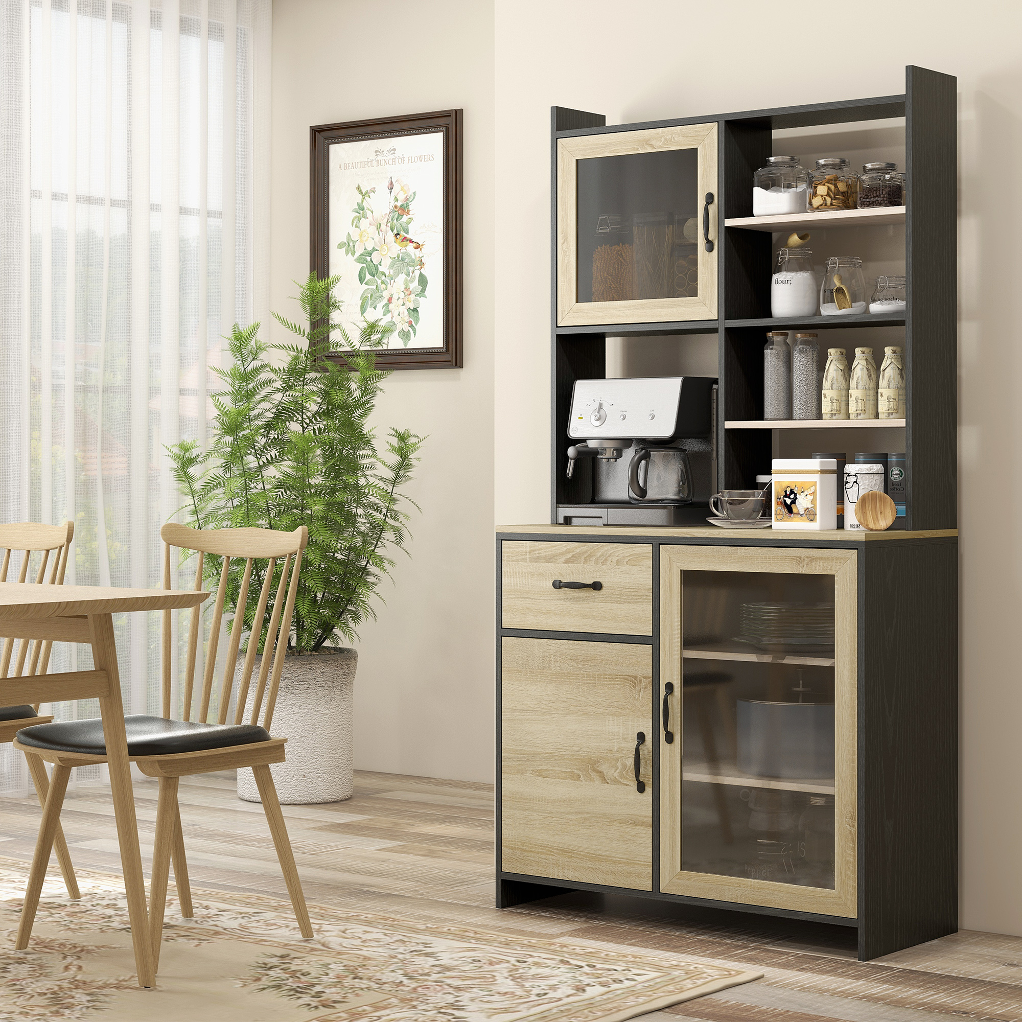 HOMCOM Küchenschrank Buffet hoch mit 1 Schublade 3 Schränken Regalen 2 Glastüren 90 x 39 x 177 cm Schwarz Natur