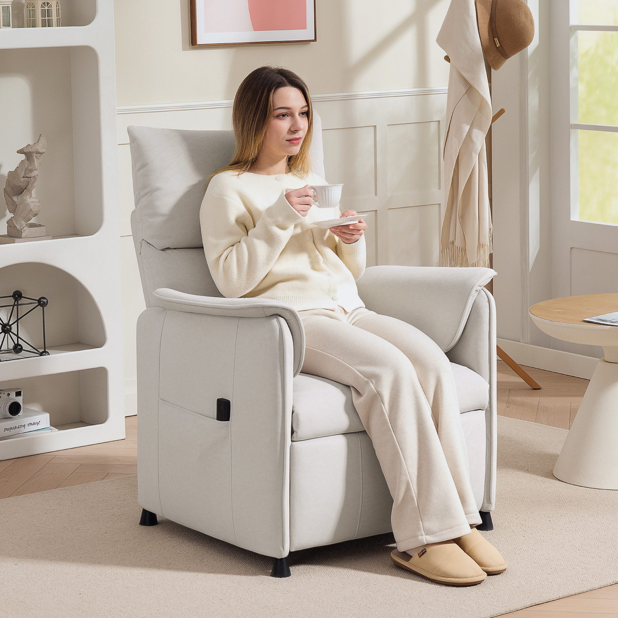 HOMCOM Relaxsessel mit leisem Motor, Polstersessel mit robusten Stoffbezug, Memory-Funktion, anpassbare Fußstütze, Cremeweiß