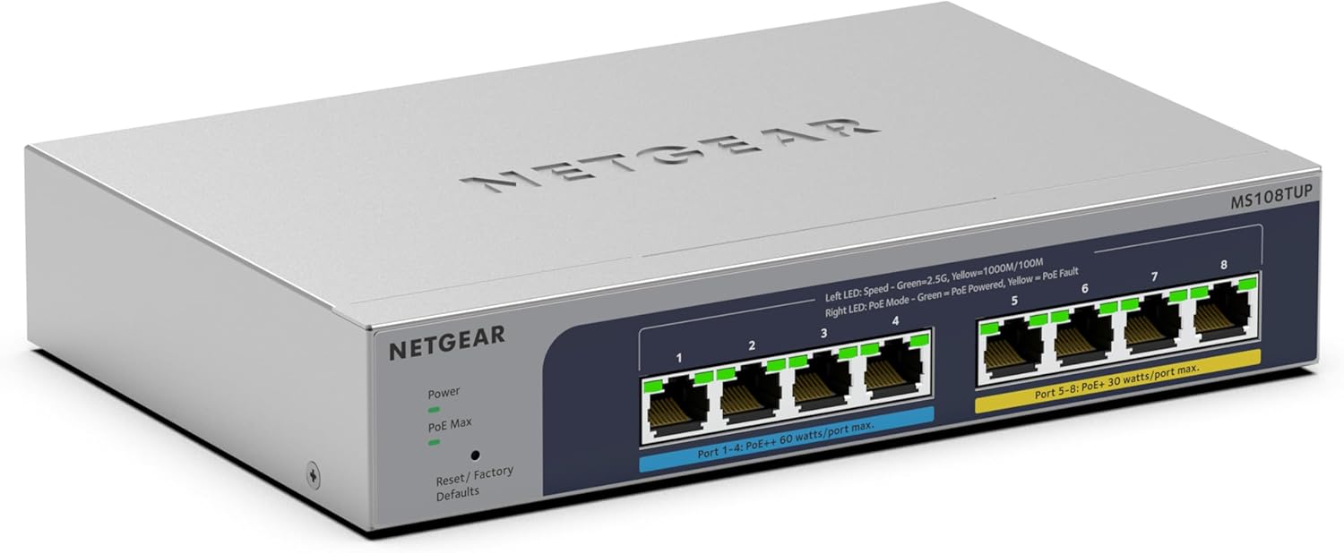 NETGEAR 8-Port Ultra60 PoE Multi-Gigabit Ethernet Plus Smart Switch (MS108TUP): Managed, mit 4 PoE++ und 4 PoE+ bei 230 W, optionales Insight Cloud Management, Desktop- oder Wandbefestigung