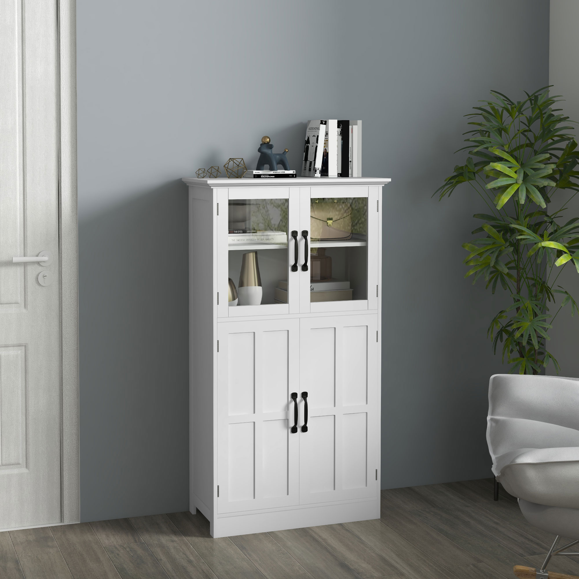 HOMCOM Küchenbuffet, Schrank mit mehreren Rangiermöglichkeiten, 2 Schränke, Glastüren, 4 weiße Holzregale