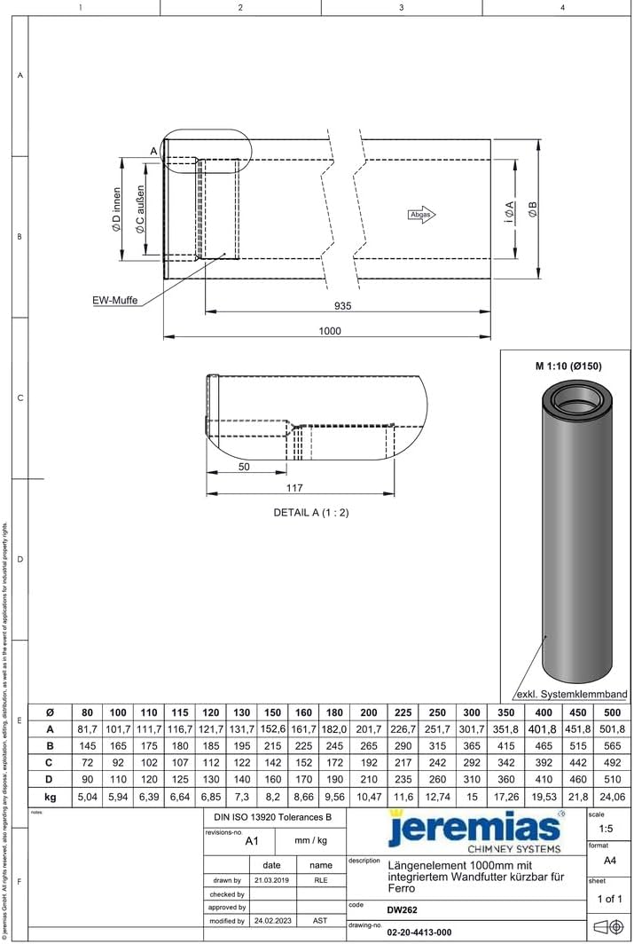 Jeremias DW-FU Längenelement 1000mm Ø160mm Edelstahl Abgassystem Wandfutter für FERRO kürzbar