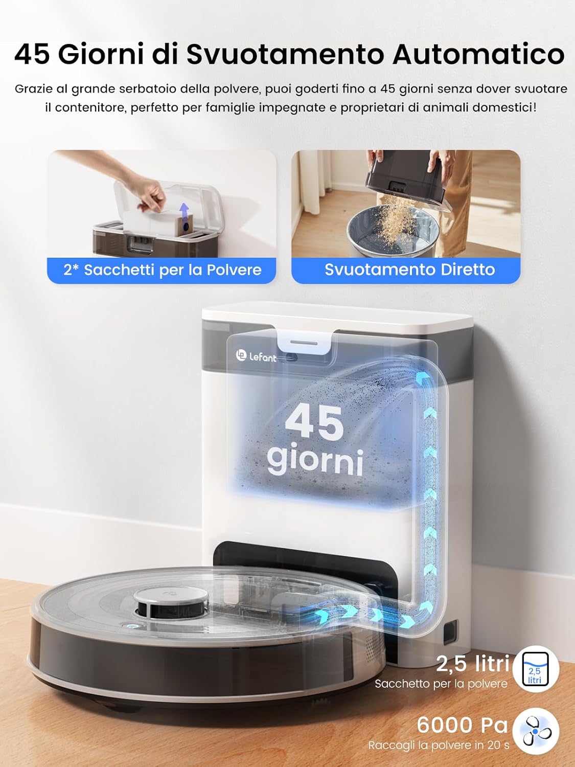 Lefant Robot Aspirapolvere con 2200Pa, Senza Grovigli,7,6cm Ultra Sottile,Autocaricante,Wi-Fi/App/Alexa,120 Minuti,6 Modalit脿 di Pulizia,Ideale per Peli di Animali Domestici,Pavimenti Duri M210-Pro