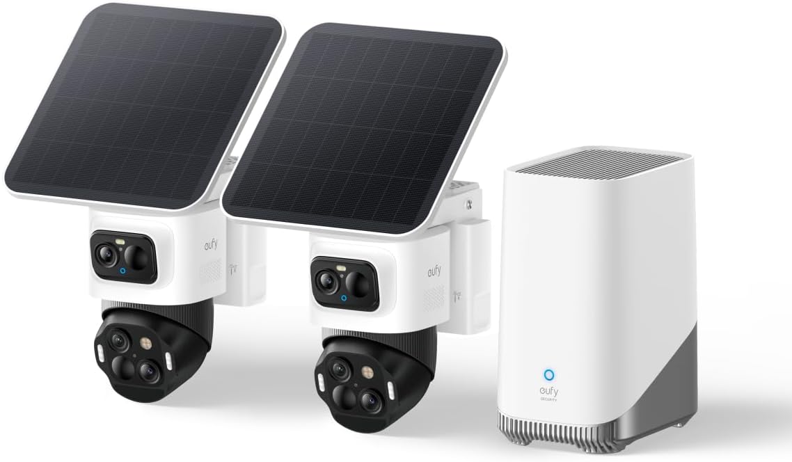 eufy Security eufyCam S4 2-Cam Kit, Telecamera Esterna Wireless, Bullet-PTZ a 3 Obiettivi, 4K UHD, Panoramica 360°, Auto Traccia, Zoom Ibrido 8×, Visione Notturna a Colori, Memoria Espandibile