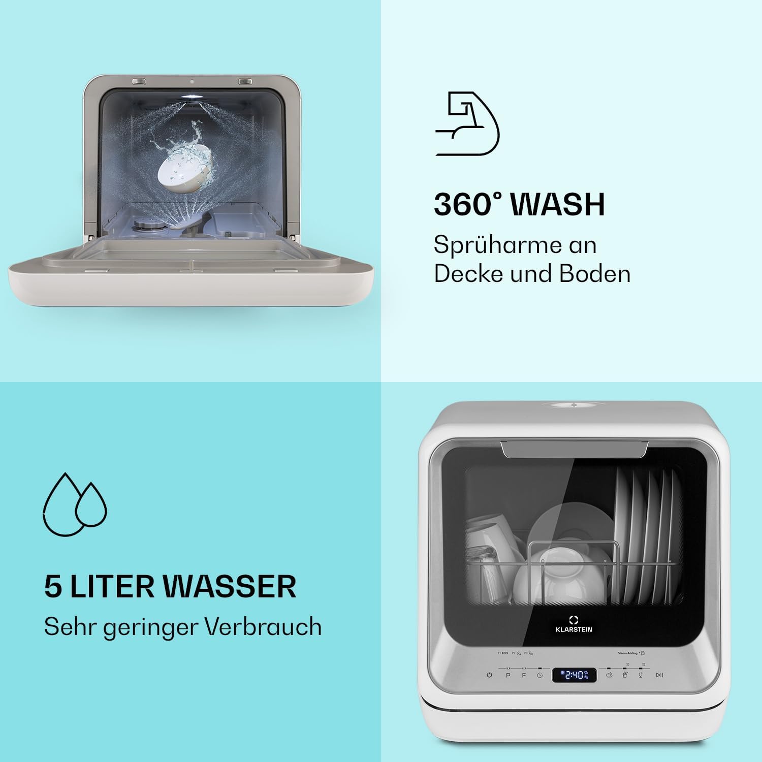Klarstein  ia Mini Geschirrspüler, Spülmaschine mit Platz für 2 Maßgedecke, 6 Programme, 5 L Wasser benötigt, LED-Display, Touch, Tischgeschirrspüler inkl. Zubehör, schwarz