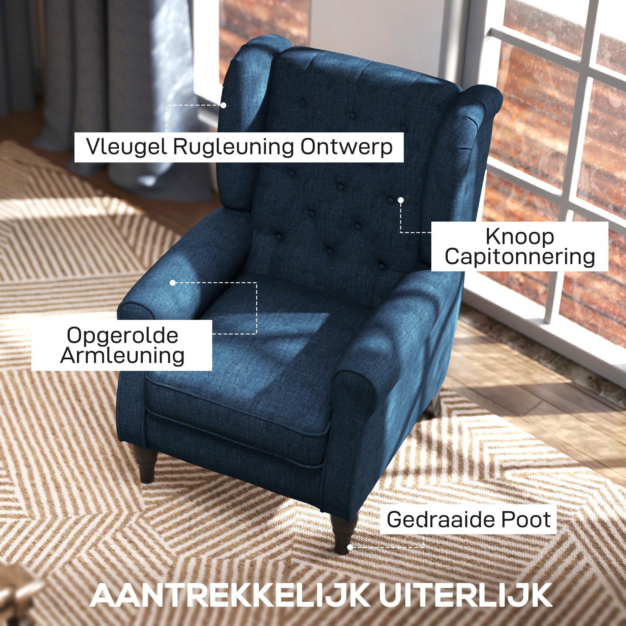 HOMCOM Elegante Oorfauteuil, Dik Gepolsterd, Afneembare Hoes, 74 x 86 x 102 cm, Blauw