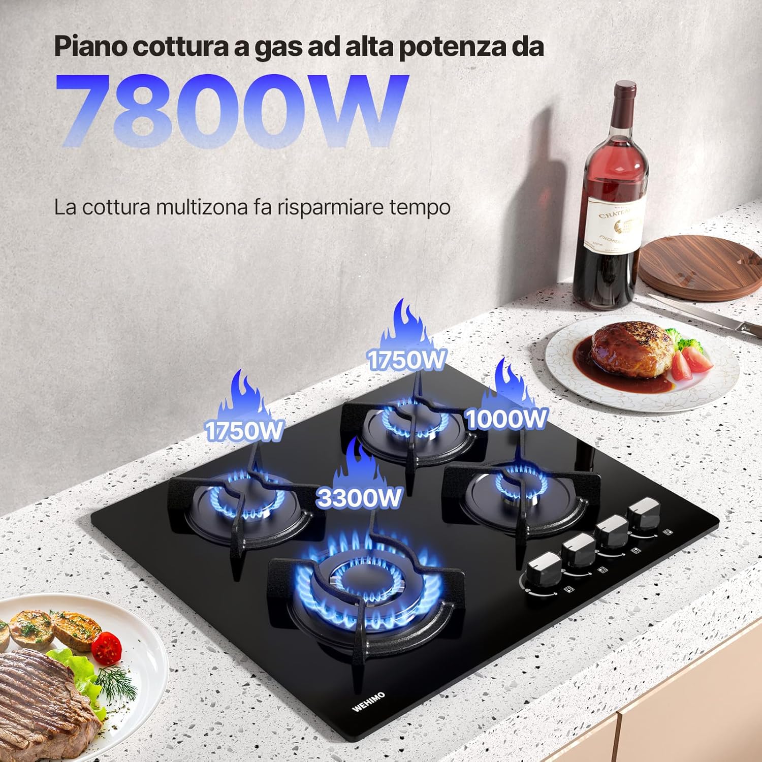WEHIMO Piano Cottura a Gas 4 Fuochi da Incasso, 60cm, 7800W, Protezione Flame-Out, Gas Naturale/Propano/Butano, Vetro Nero