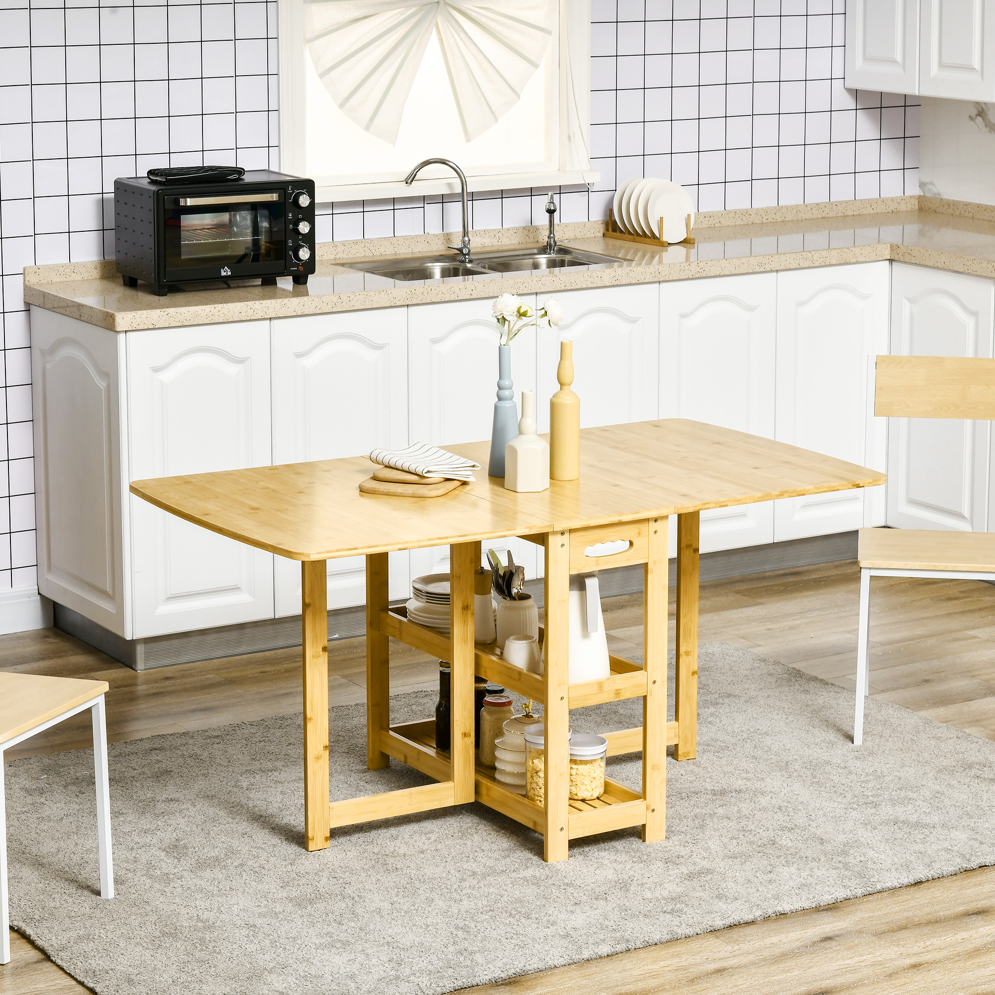 HOMCOM Klapptisch, Esstisch, zwei klappbare Seiten, zwei Ablagen, verstellbare Füße, Bambus, 149,5 x 80 x 73,5cm