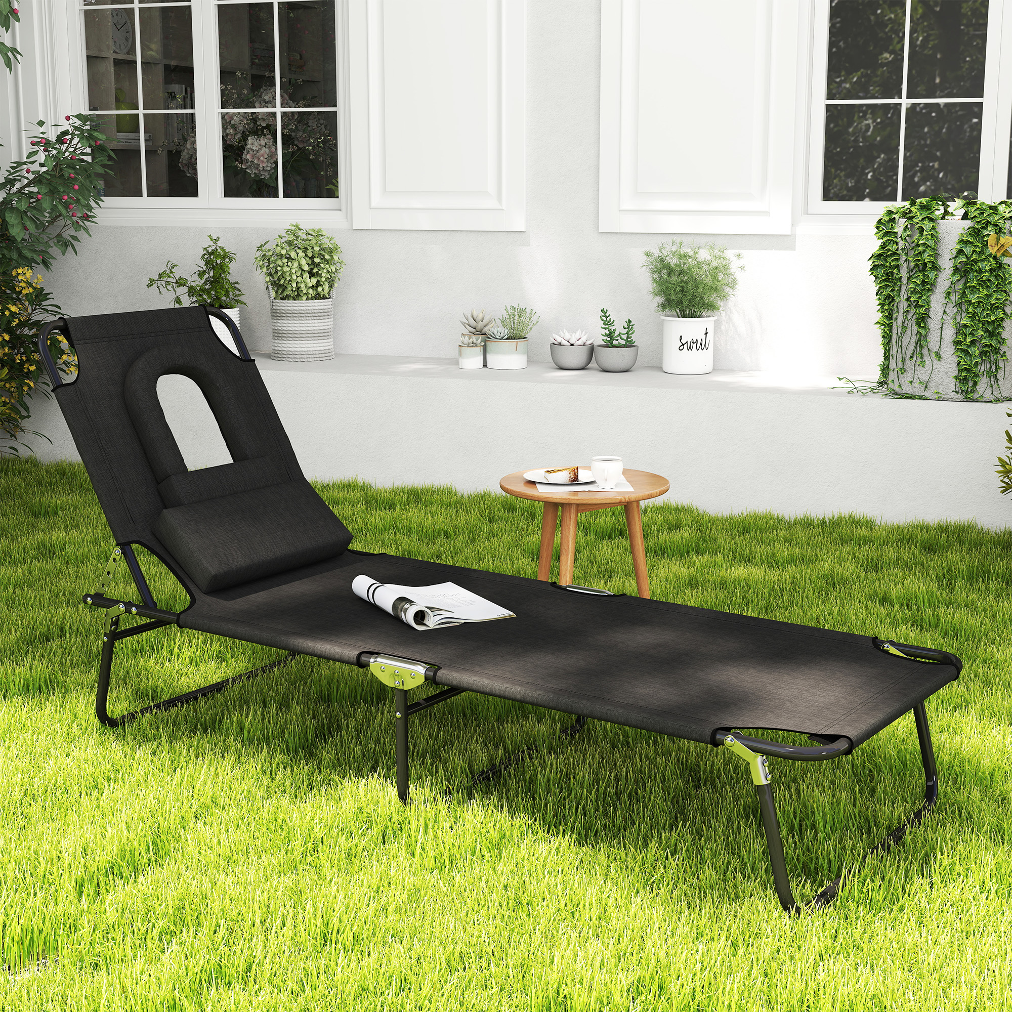 Outsunny Sonnenliege klappbarer Liegestuhl mit 4 Positionen Lesestuhl 3 Kissen Schwarz