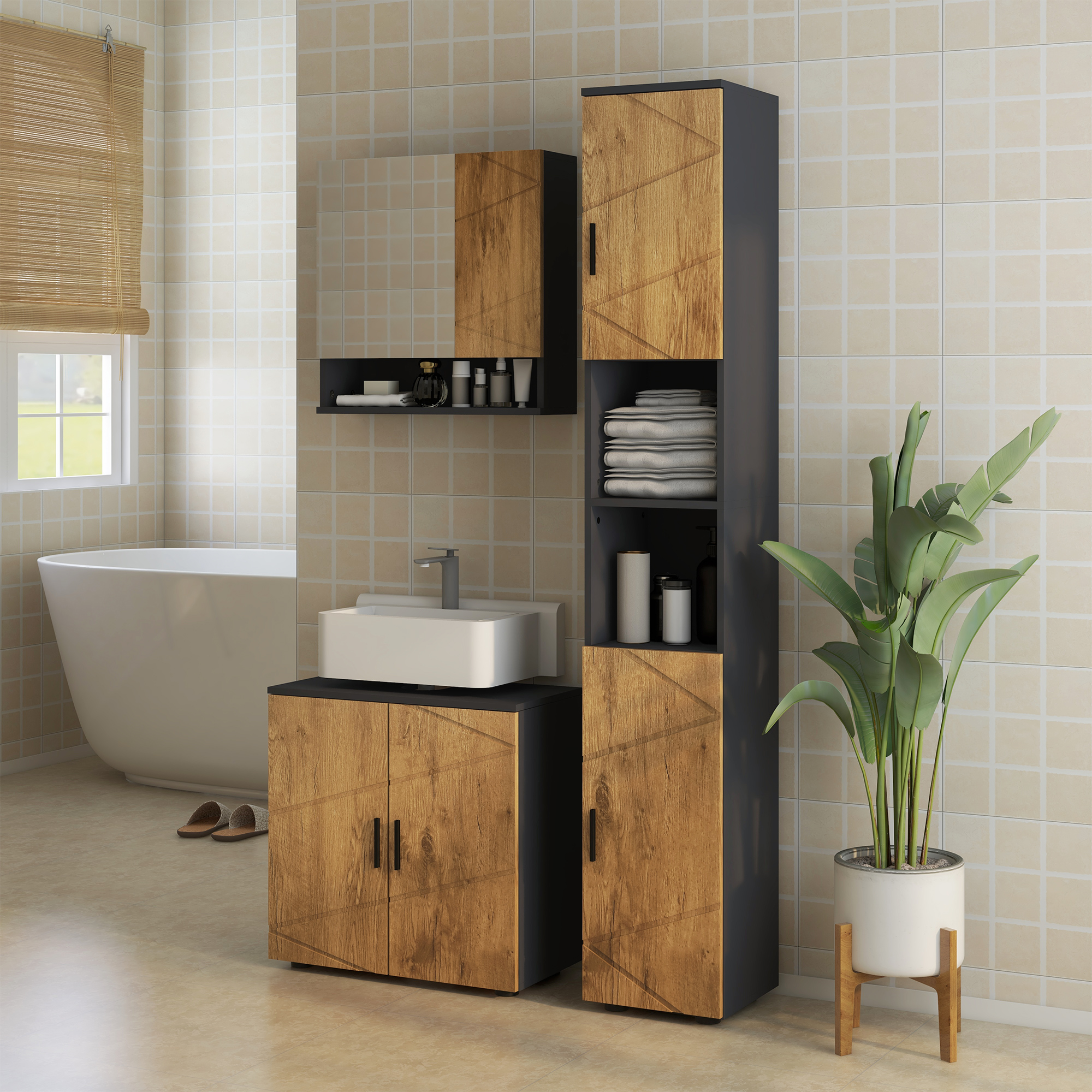 kleankin Waschbeckenunterschrank Waschtisch Badezimmermöbel 2 Türen mit Regal 60 x 30 x 60 cm Anthrazitgrau und Naturholzoptik
