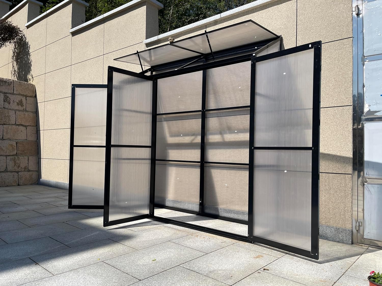 Tomatenhaus Anlehngewächshaus Aufzuchtschrank Treibhaus Frühbeet Pflanzenhaus Aluminium Beistell-Gewächshaus klein mit Rückwand 180x55X190 cm(Schwarz)