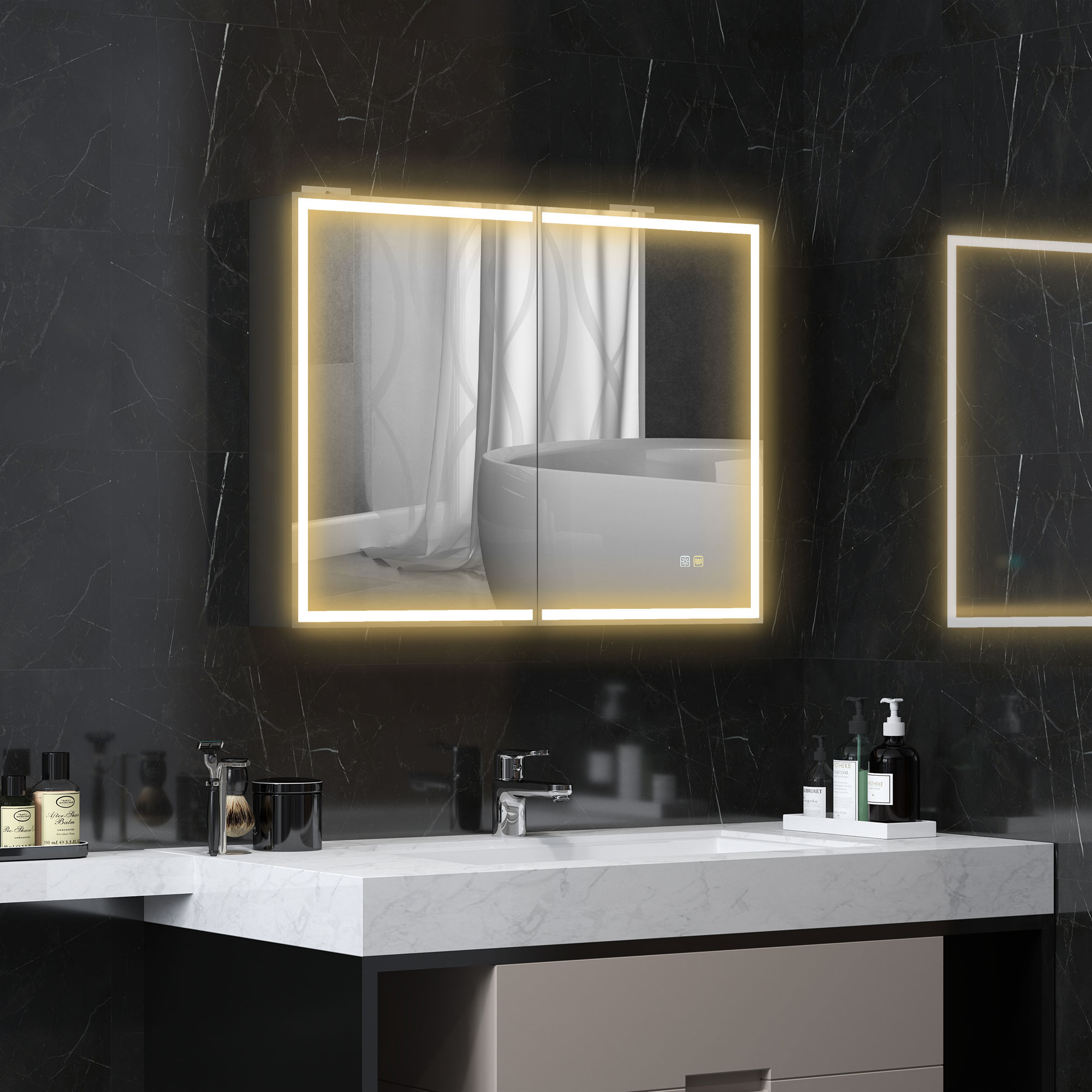 HOMCOM Spiegelschrank mit LED-Beleuchtung, 60 x 80 cm, Anti-Beschlag-Funktion, Lichtdimmer, 3 Farben, Schwarz