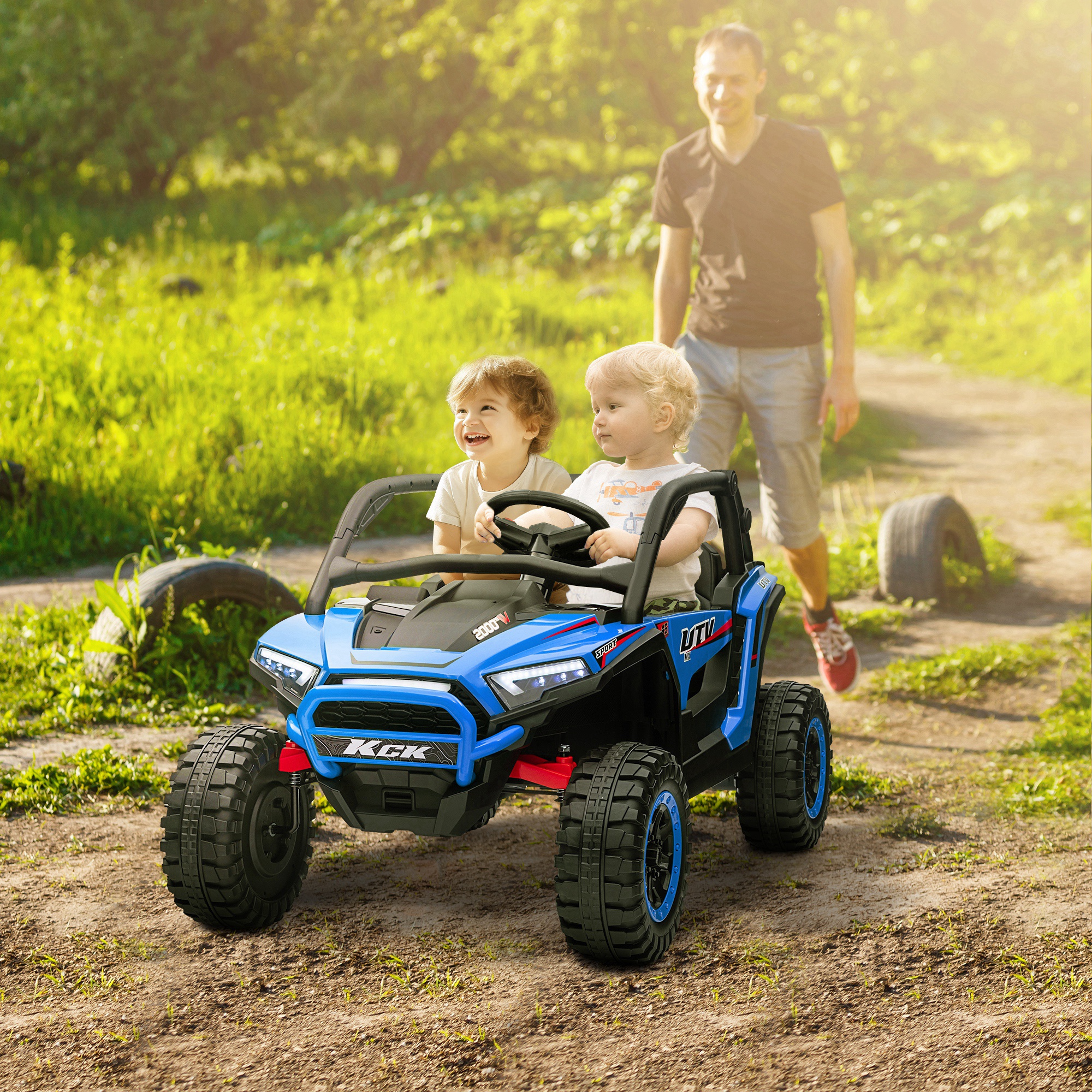 AIYAPLAY Kinderauto Elektrische SUV, 5-7 km/u, 2-Zitter, Afstandsbediening, Muziek, Licht, 1u Rijtijd, Blauw