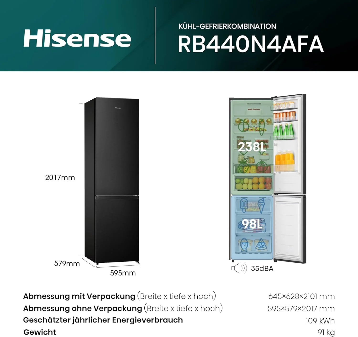 Hisense RB327N4ADD Koelvriescombinatie, EEK D, Total NoFrost, Verwisselbare Deurscharnieren, Flessenrek, 171 Liter Koelgedeelte, 85 Liter Vriesgedeelte, Roestvrijstalen look