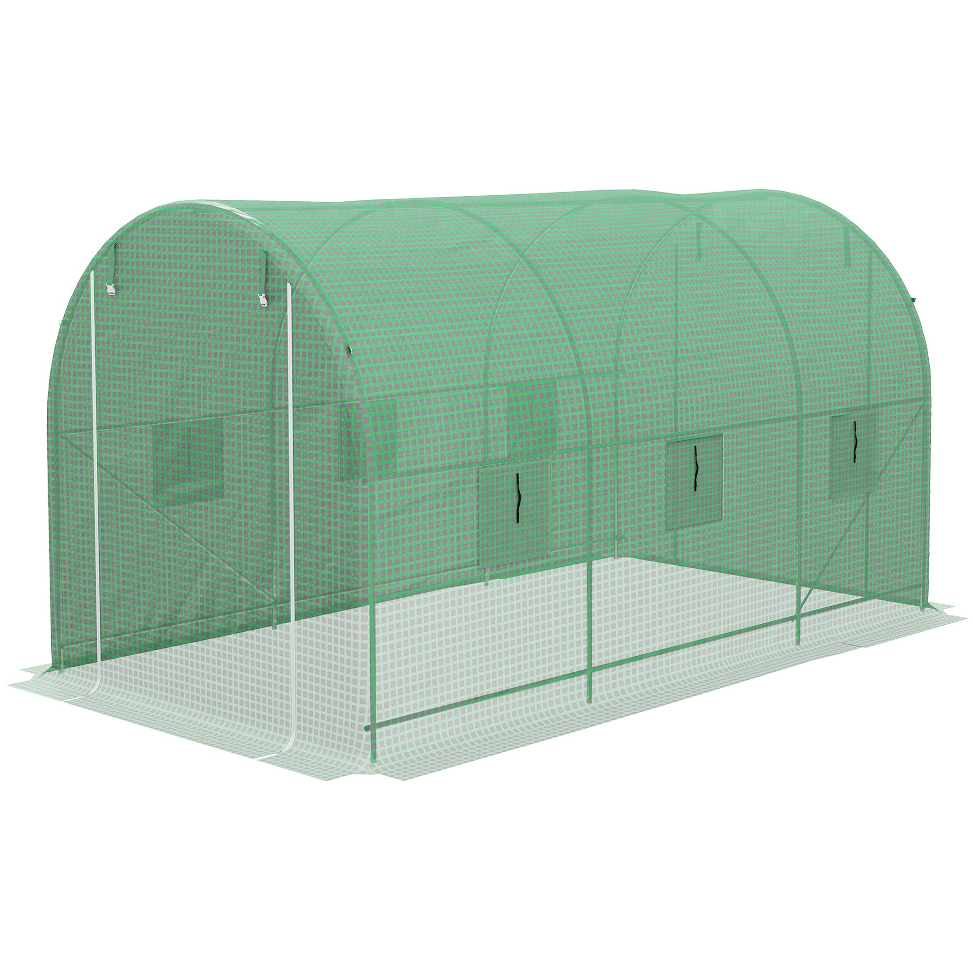 Outsunny Garten Tunnelgewächshaus Bodenfläche 8 m² 4L x 2B x 2,05H m Stahlgestell Doppel-Reißverschlusstür 6 abrollbare Fenster grün