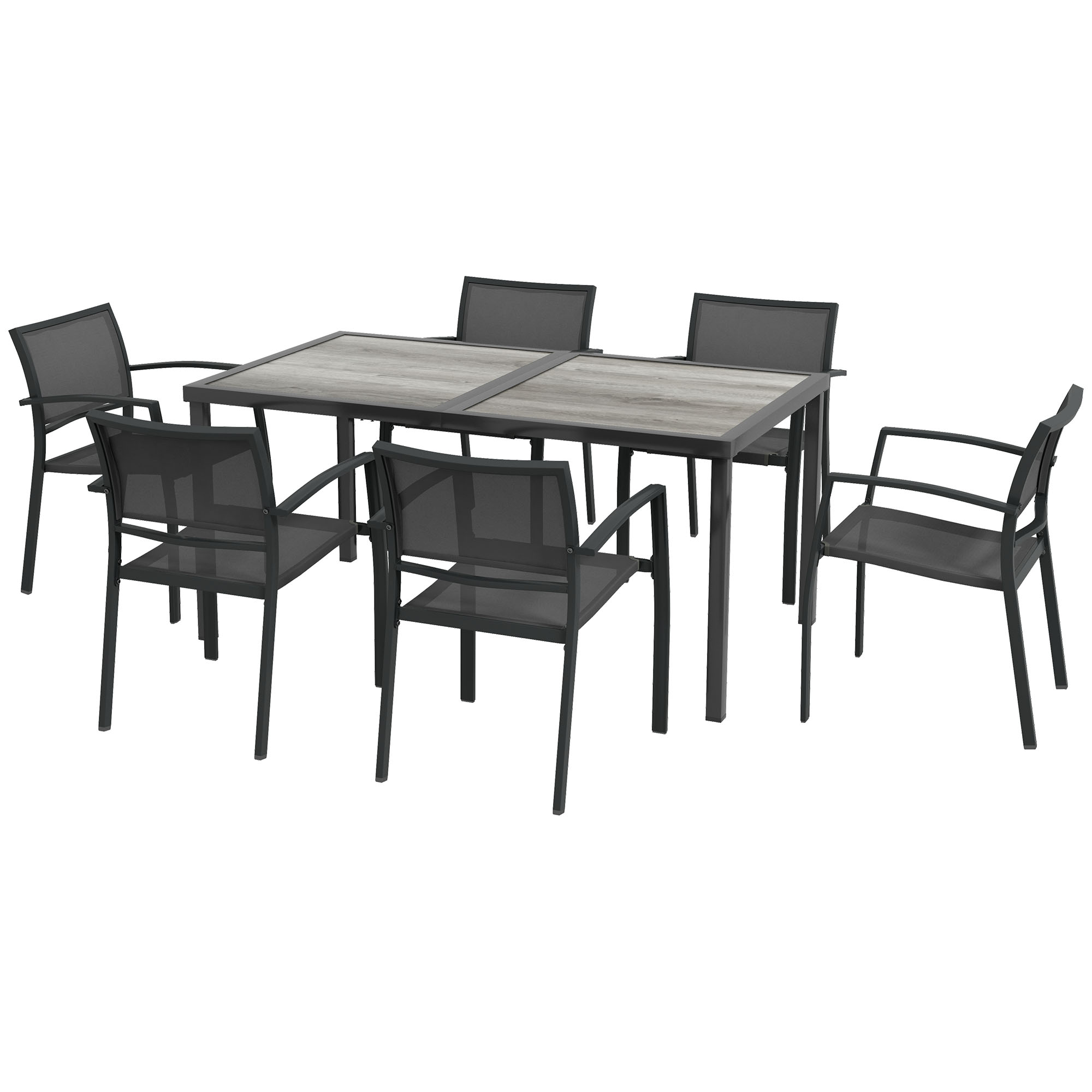 Outsunny Gartenmöbel-Set aus Stahl, 7-teilig mit 1 Tisch und 6 stapelbaren Stühlen aus Epoxid-Metallgewebe in Grau