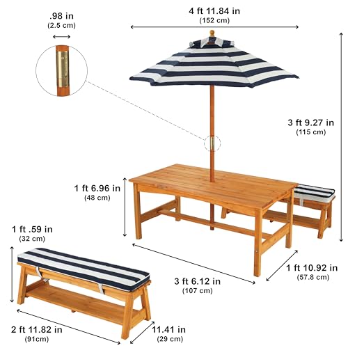 KidKraft Set tavolo e panchine in legno per bambini con cuscini e ombrellone, mobili per giardino e per esterno, Strisce blu navy e bianche, 00106 : Giardino e giardinaggio
