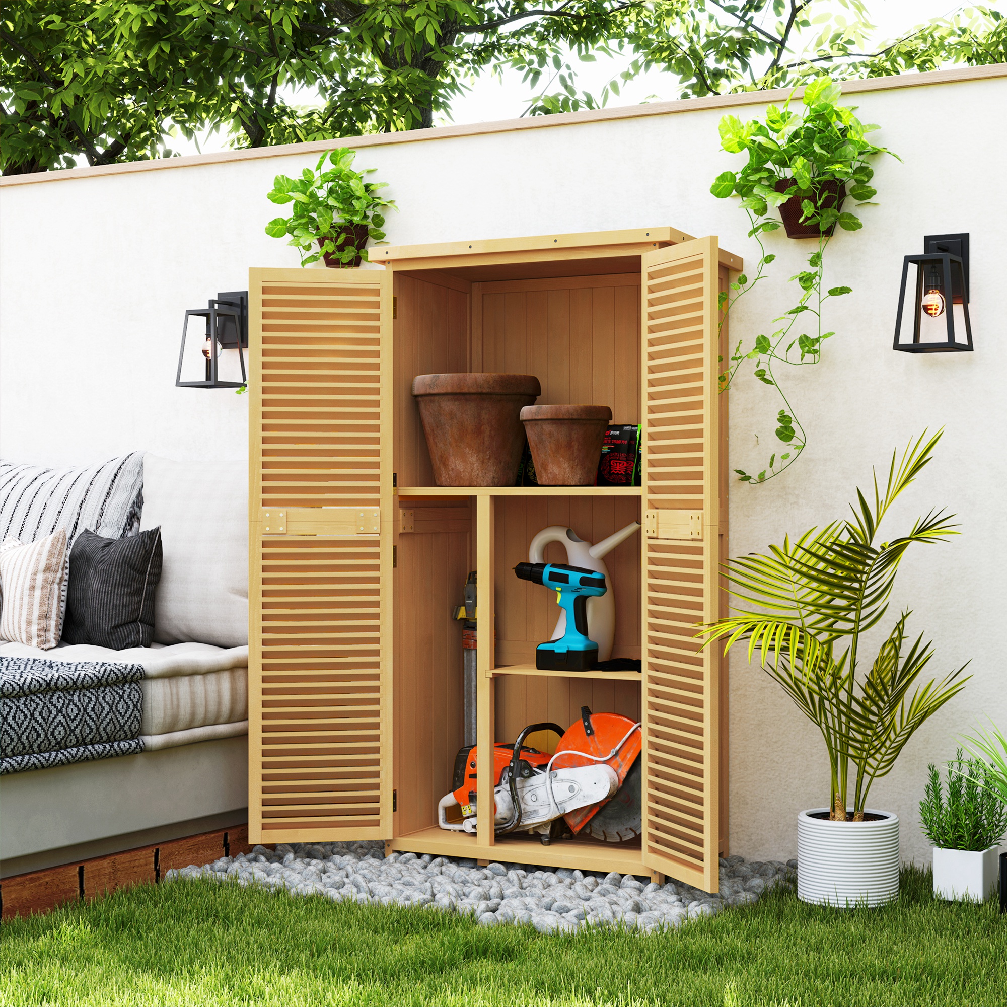 Outsunny Gartenkommode wetterfest, 2 Türen mit Schloss, Kiefernholz, 87L x 46,5B x 160H cm, Hellgelb